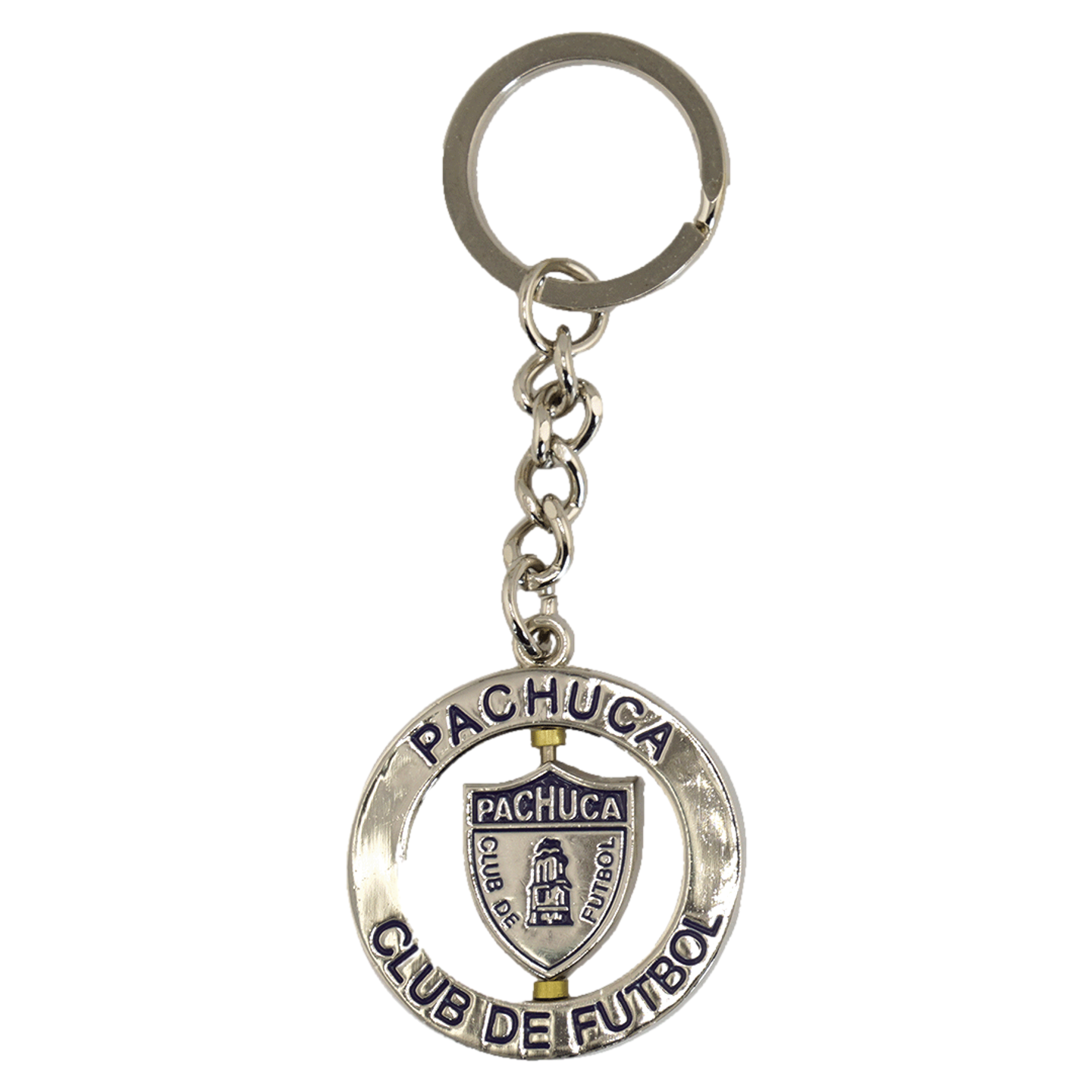 Silver-toned metal keychain with a circular pendant reading "PACHUCA CLUB DE FUTBOL". A spinning center shield features the team's logo and tower icon.