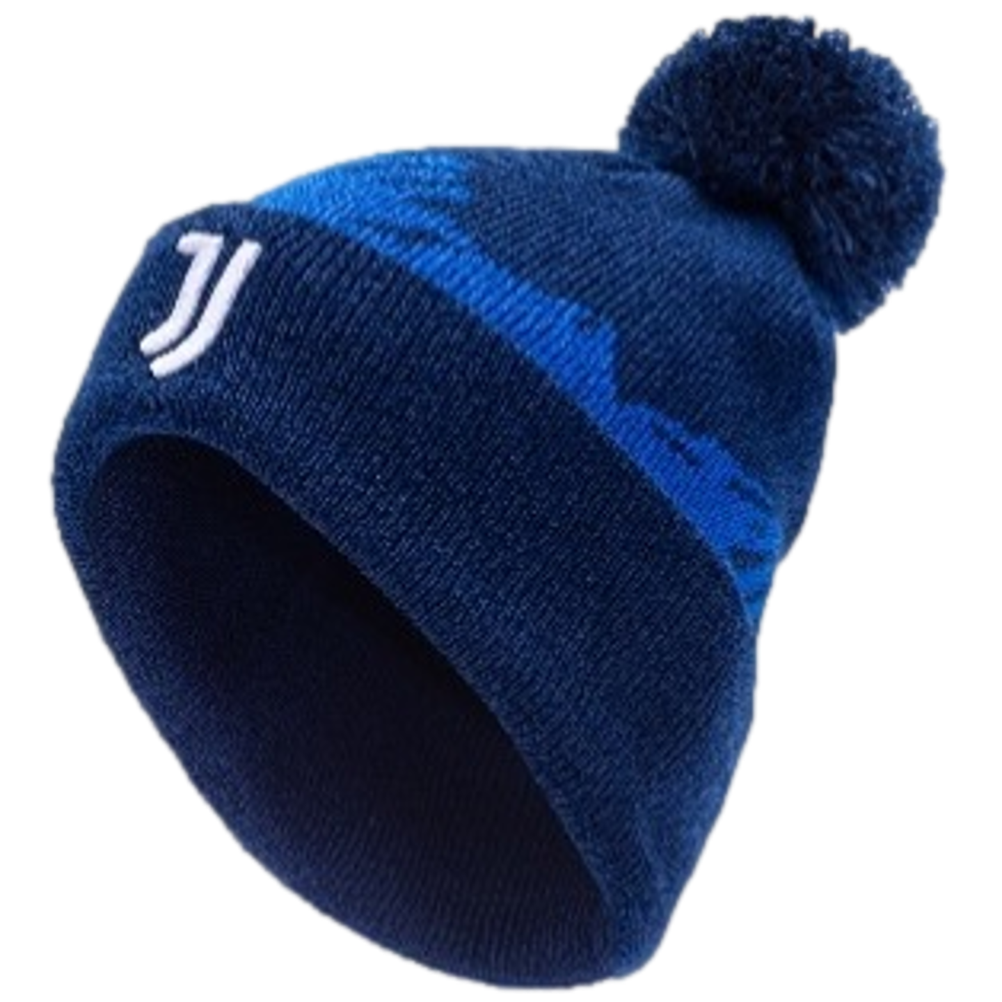 Navy blue knit beanie with a white 'J' logo on the brim, a pom-pom on top, and a royal blue mountain pattern around the crown.