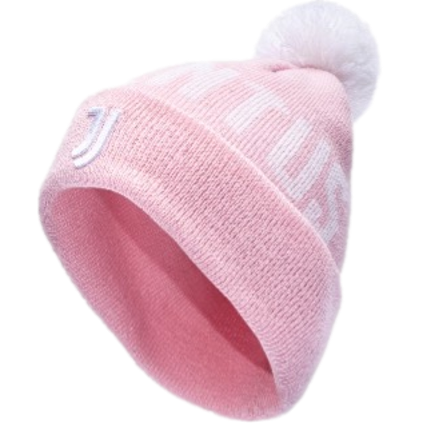 A pink Juventus knit beanie with a white pom-pom. A white "J" logo is on the cuff, and large white "JUVENTUS" text is knitted across the main body.