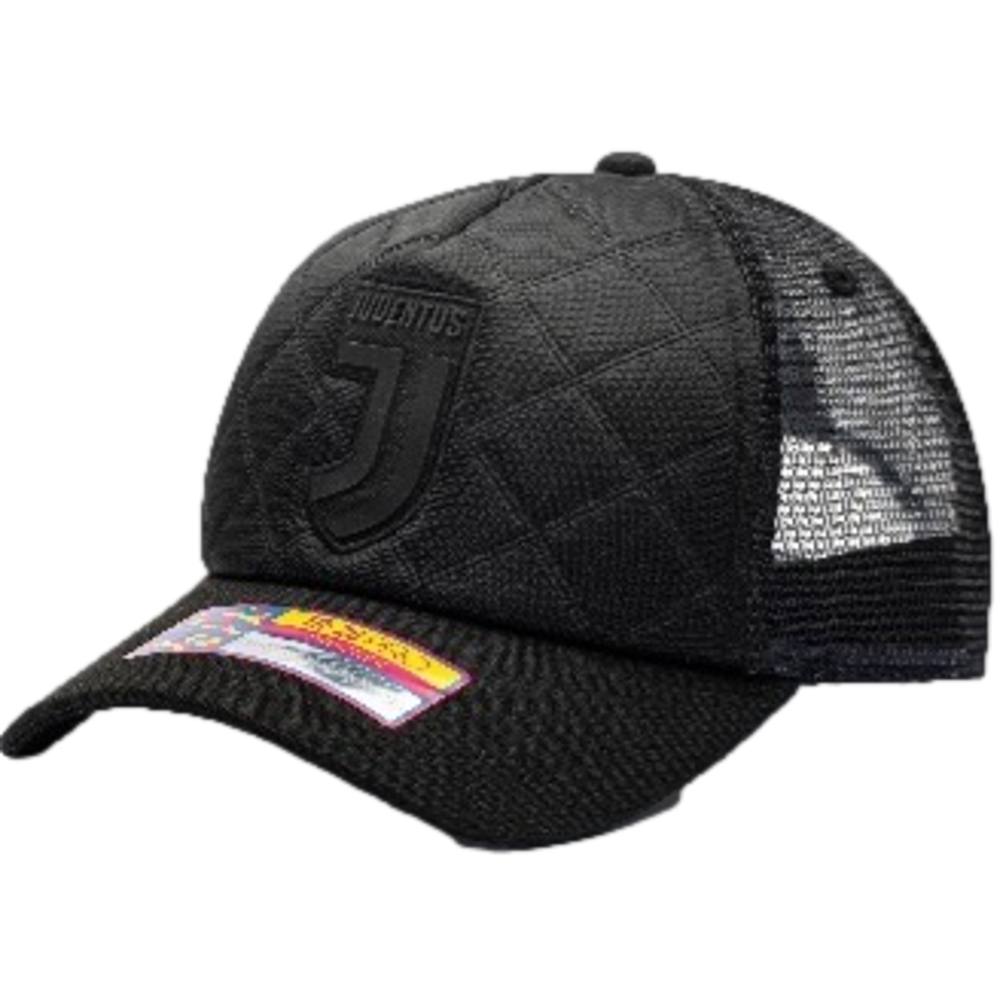 Black Juventus trucker hat with a quilted front panel, mesh back, and a tonal logo. A colorful holographic sticker is visible on the brim.