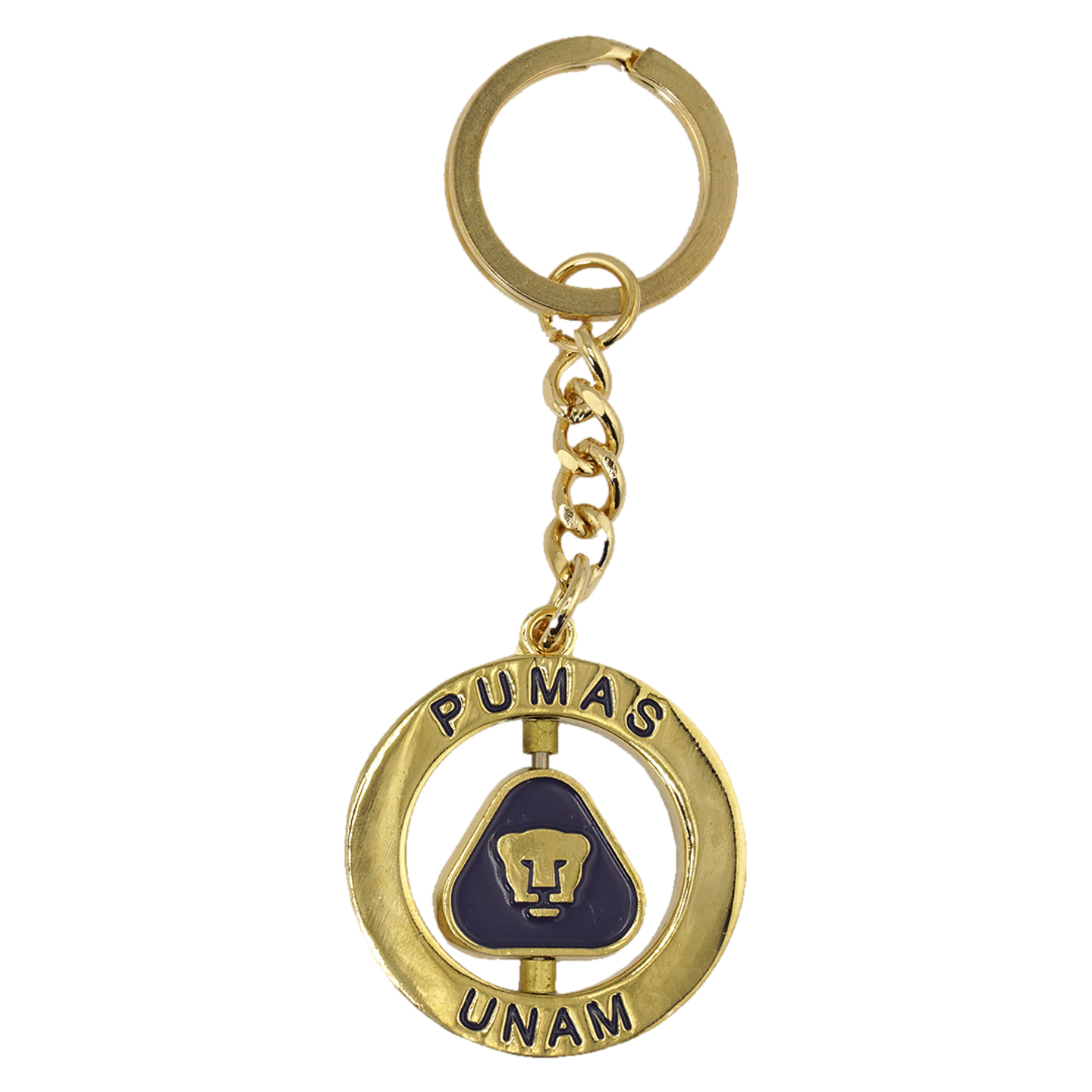 Gold Pumas UNAM keychain with a spinning circular pendant. The ring is engraved with "PUMAS UNAM," surrounding a purple triangle with a gold puma logo.