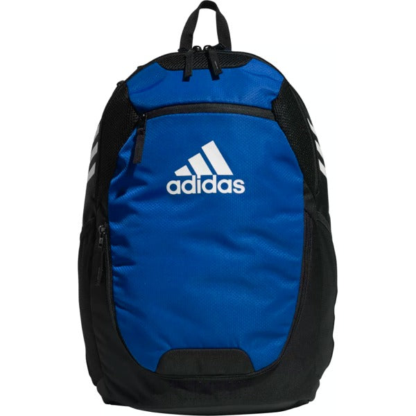 A blue and black Adidas backpack featuring a white logo on the front panel and multiple zippered compartments.