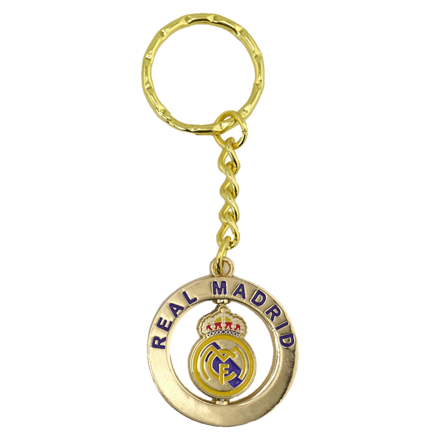 A gold metal keychain with a spinning Real Madrid crest pendant. The circular border features the club name in blue lettering.