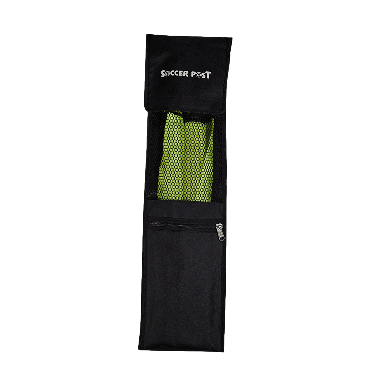 A Soccer Post Referee Flag Set featuring two bright yellow flags inside a black carrying bag with a mesh viewing window, a white logo on the top flap, and a zippered bottom pocket.