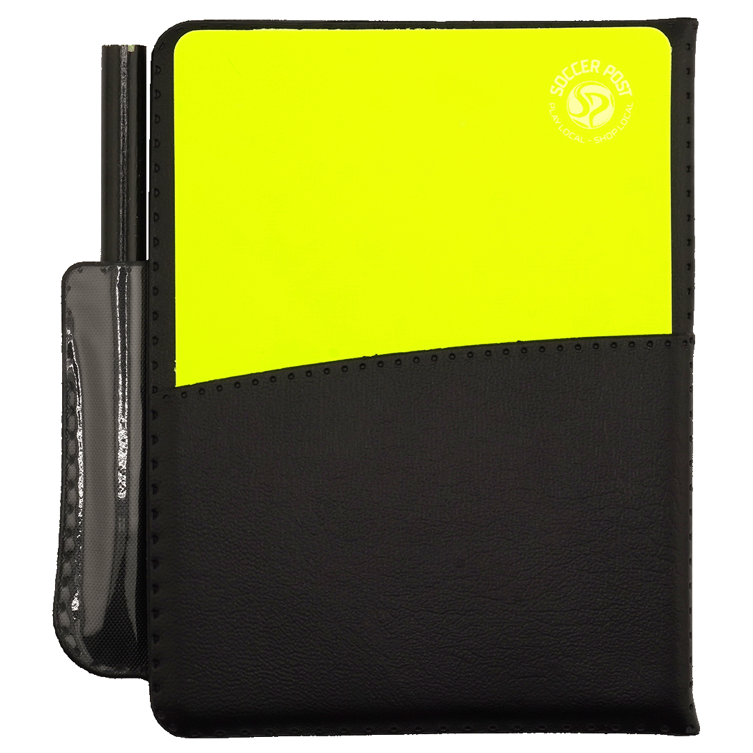 A black soccer referee's wallet holding a neon yellow card and a pencil.