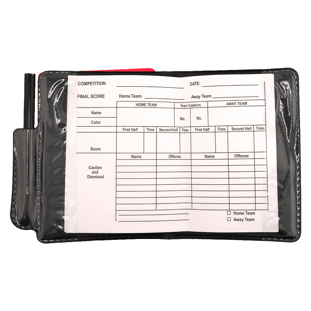 An open black referee's wallet with a score card for match details, scores, and disciplinary records. A small black pencil is stored in a side pocket.