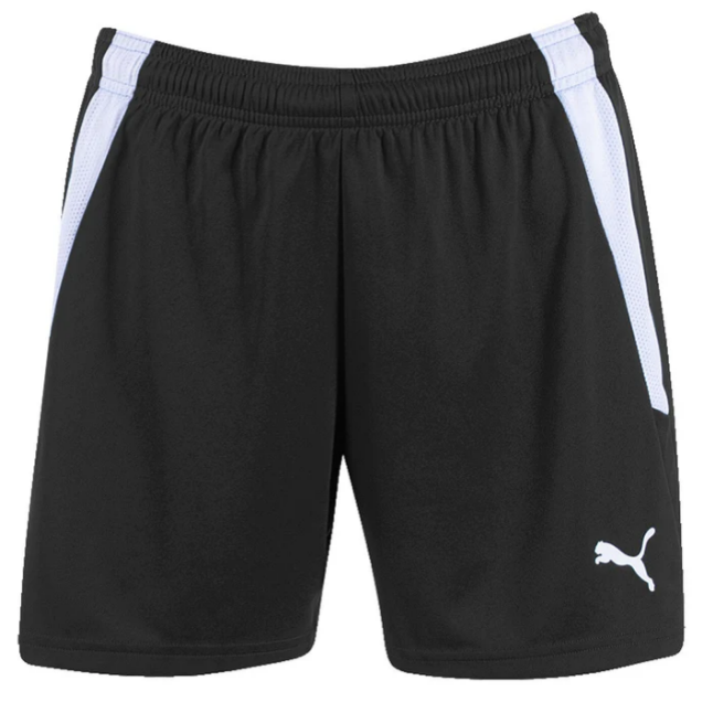 Black Puma athletic shorts featuring white side stripes, an elastic waistband, and a white Puma logo on the lower right leg.