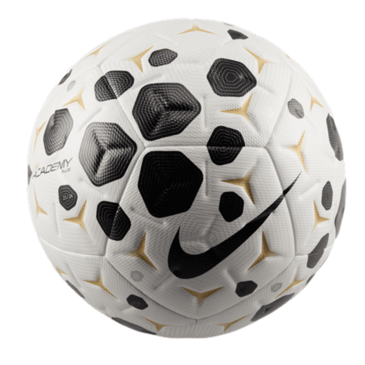 A white Nike Academy soccer ball featuring black hexagonal patterns and gold triangular accents, with a prominent black swoosh logo.