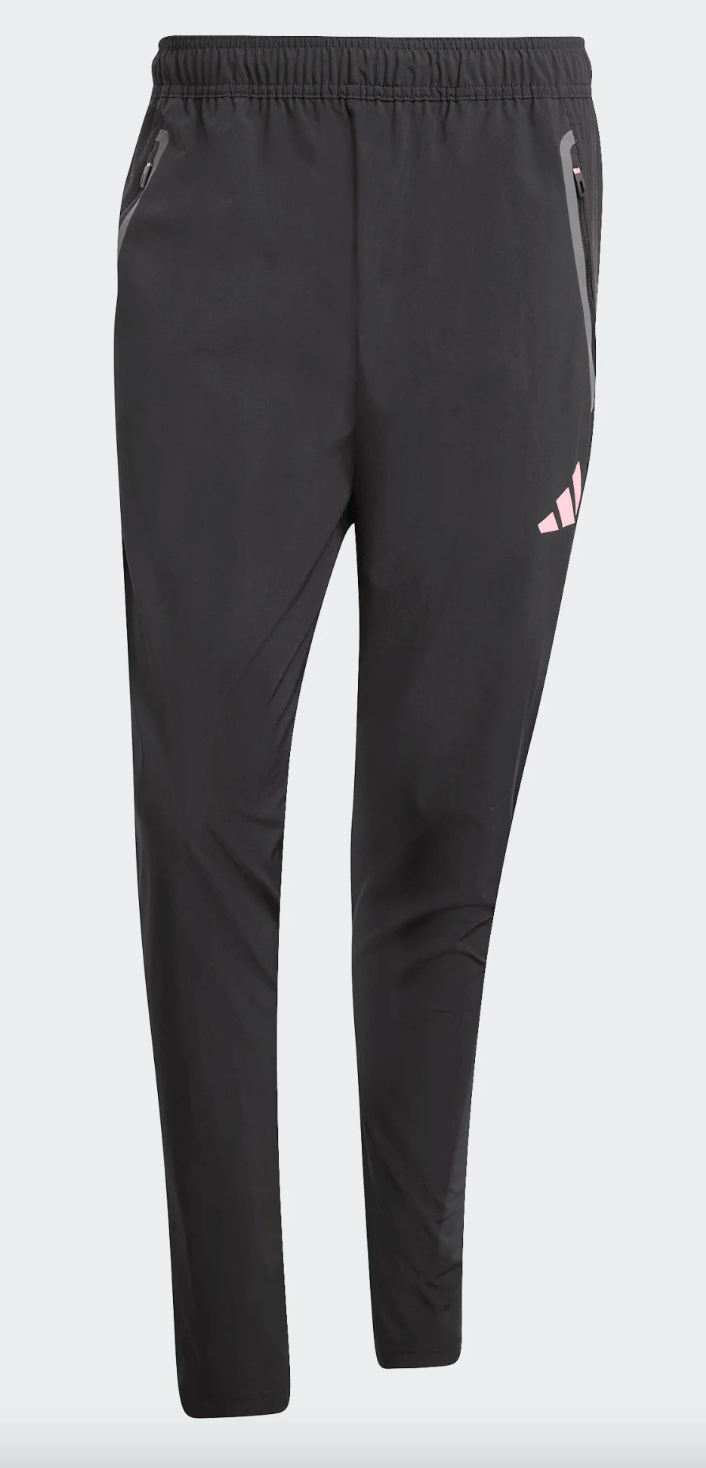 Black Adidas athletic pants with an elastic waistband, zippered pockets with grey trim, and a small pink logo on the left thigh.