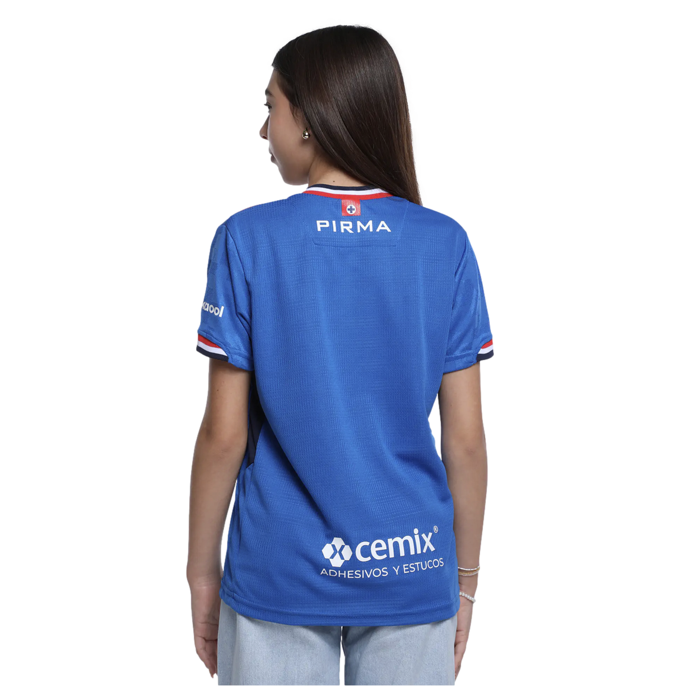 Back view of a person wearing a blue soccer jersey with the logos PIRMA and cemix, standing against a solid black background.