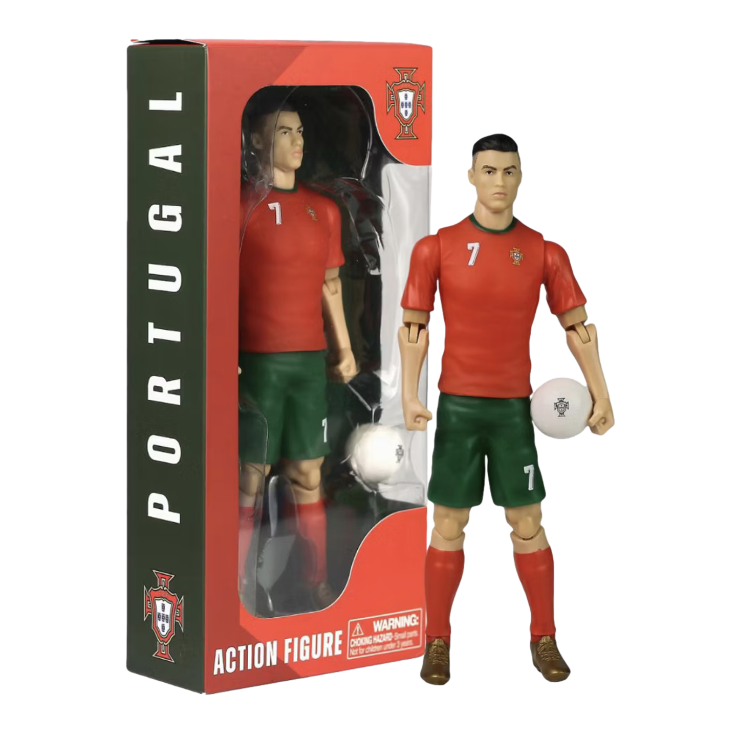 Action figure of Cristiano Ronaldo in his Portugal national team kit, holding a soccer ball and standing next to its retail packaging.