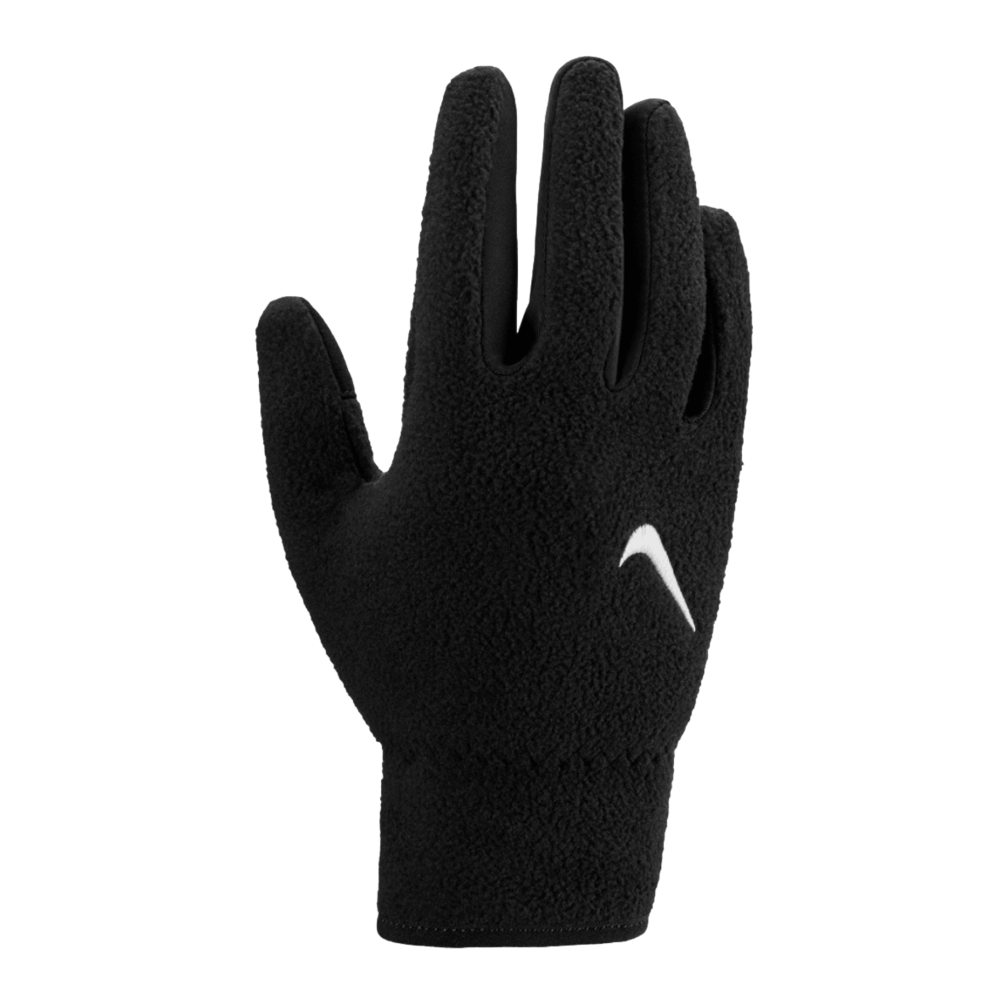 A black Nike fleece glove featuring a white swoosh logo on the back of the hand, shown against a plain black background.