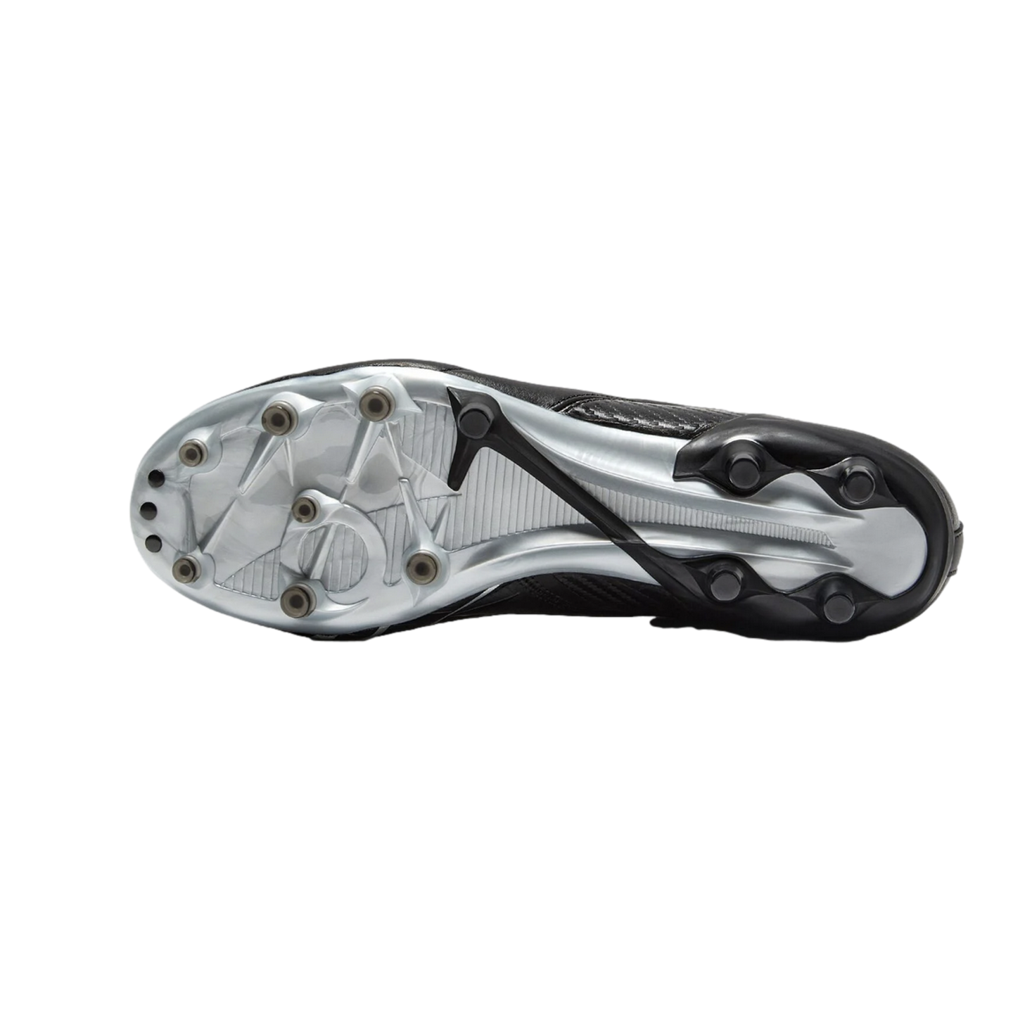 Bottom view of a soccer cleat's metallic silver and black soleplate, featuring a variety of studs for traction.