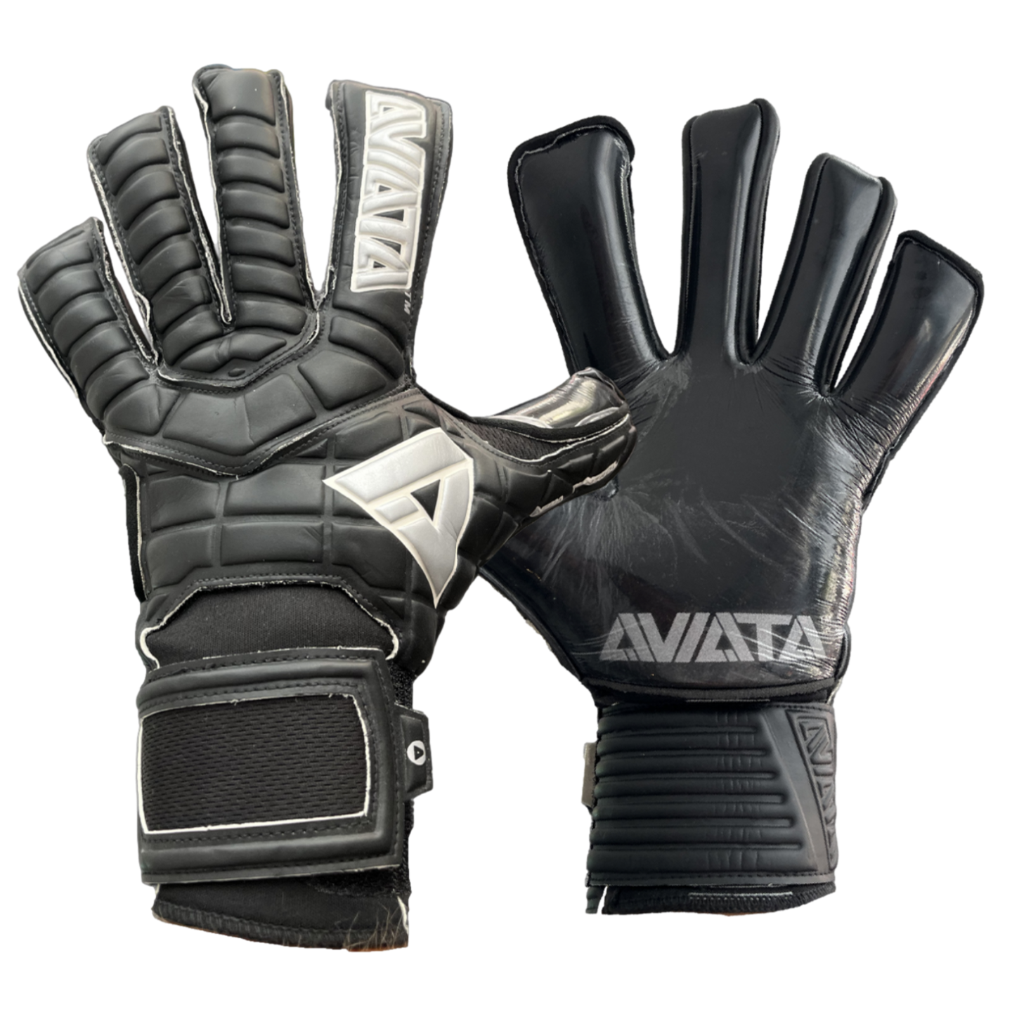 Black and silver Aviata goalkeeper gloves showing the textured, padded backhand and smooth latex palm.