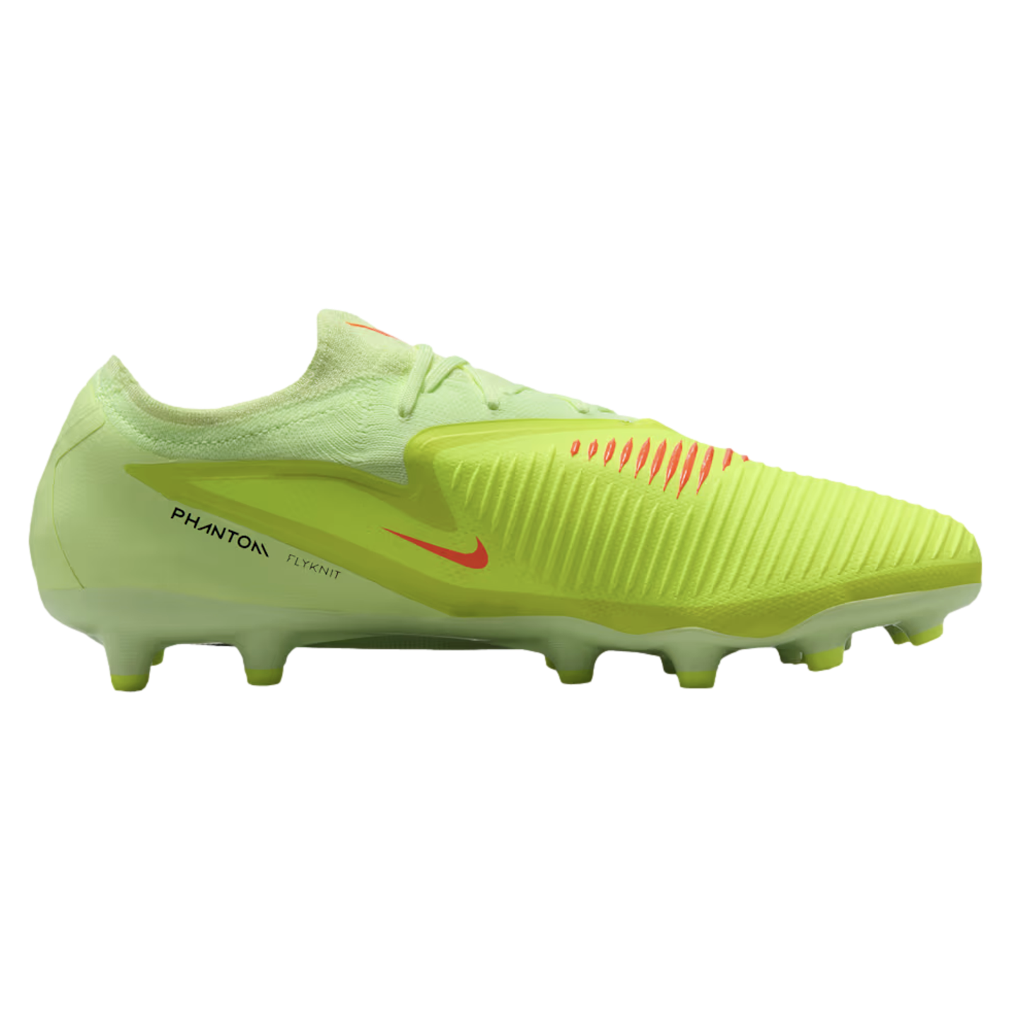 A side profile of a lime green Nike Phantom Flyknit soccer cleat with orange accents and a ridged upper, set against a black background.