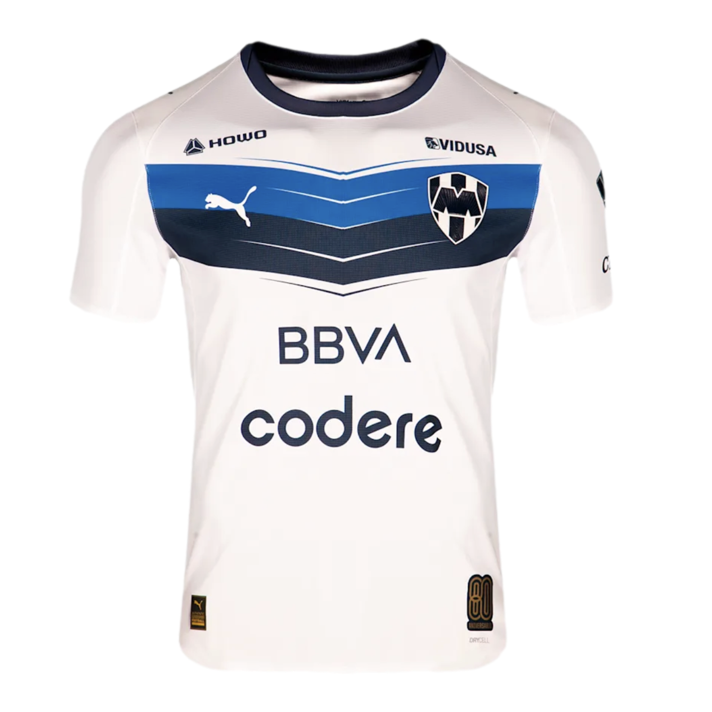 White C.F. Monterrey soccer jersey with blue chevron chest stripes, featuring Puma, BBVA, and Codere logos.