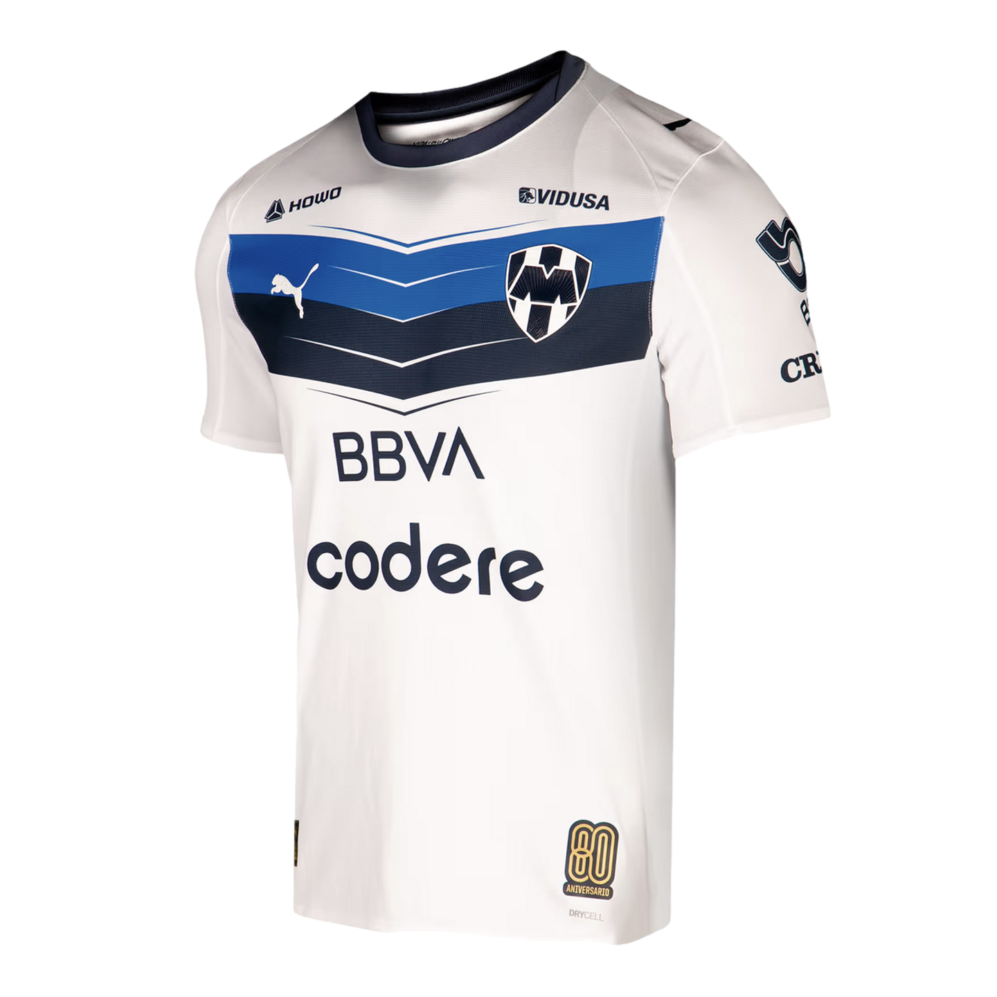 White C.F. Monterrey 80th anniversary soccer jersey featuring a blue chevron chest design, Puma logo, team crest, and BBVA and Codere sponsors.