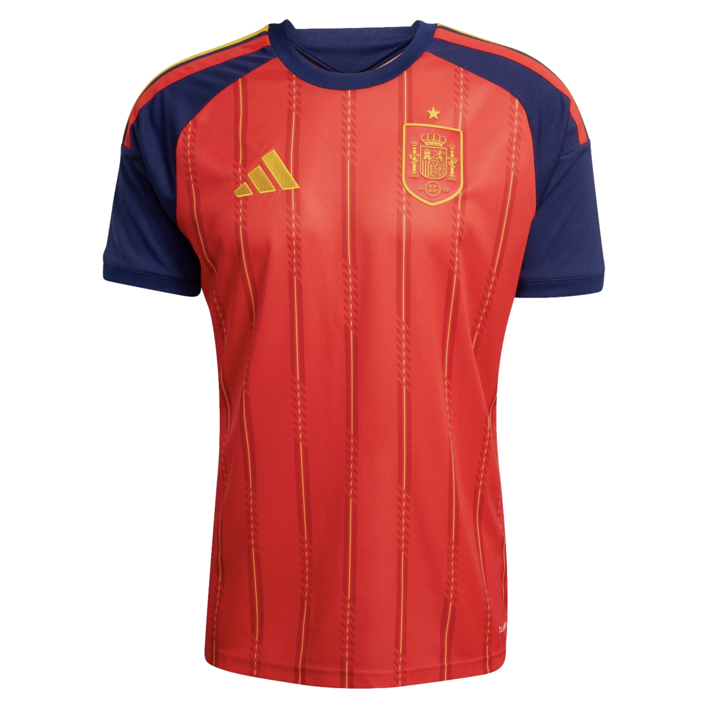 Red Adidas Spain national soccer jersey with navy sleeves, vertical pinstripes, and a yellow team crest on the chest.