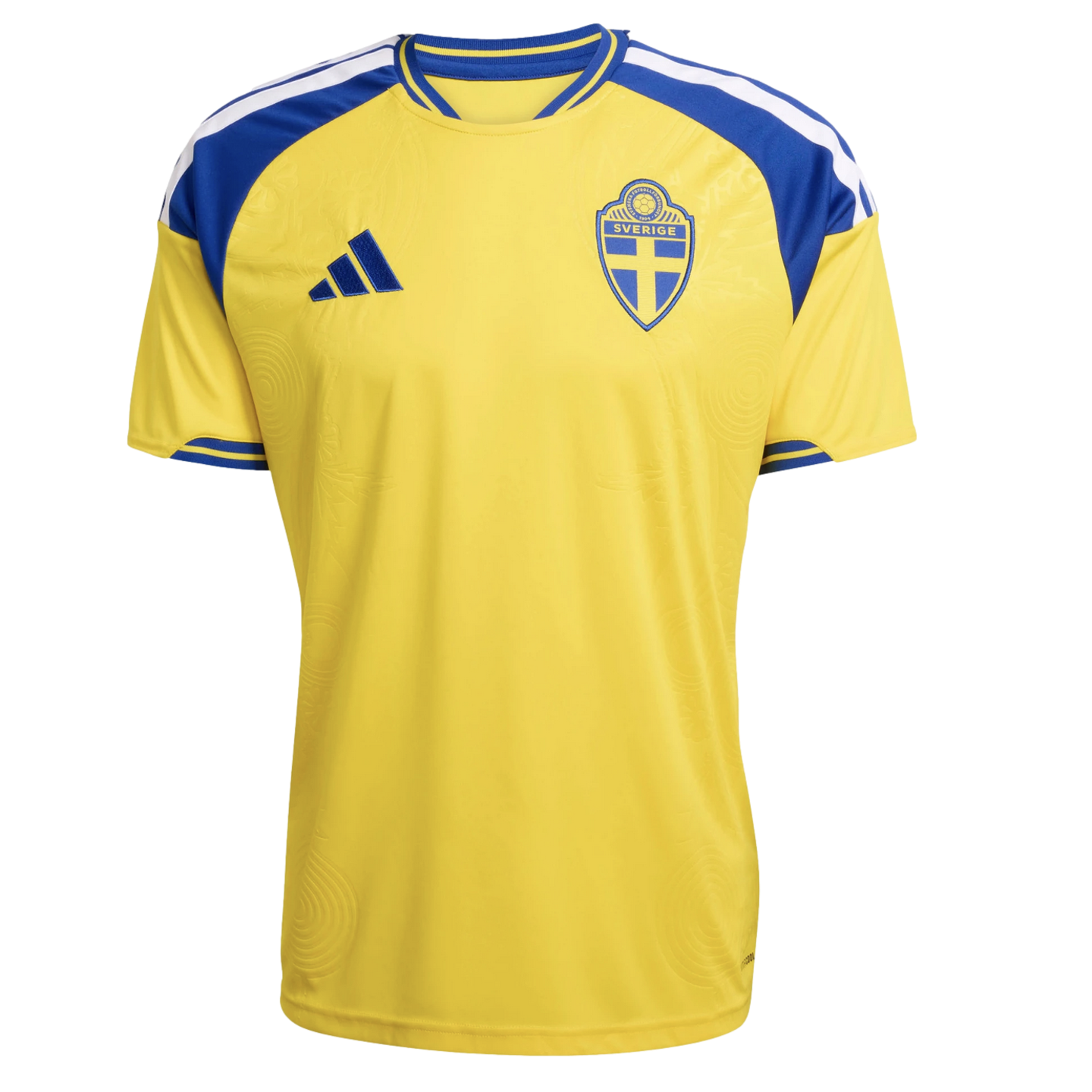 Yellow Adidas Sweden soccer jersey with blue and white shoulder stripes and the team crest on the chest.
