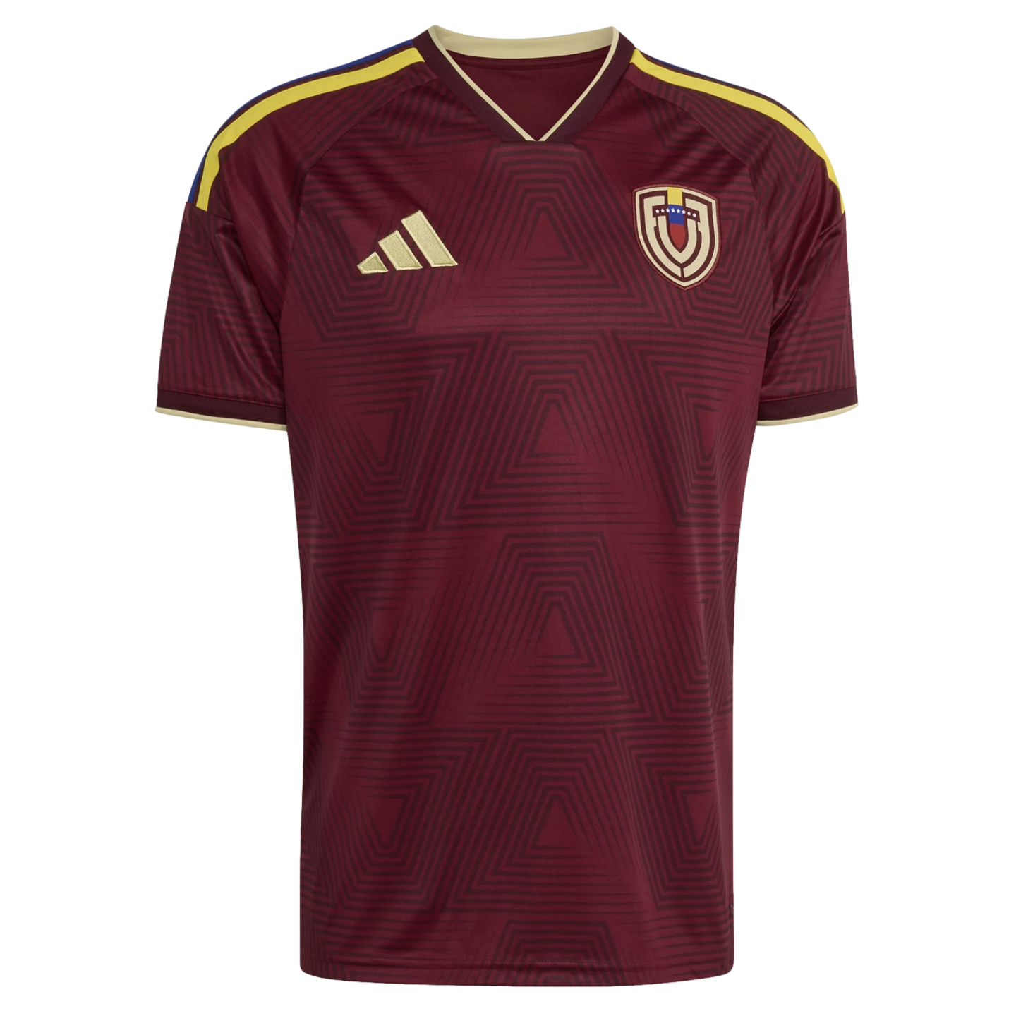 Maroon Adidas Venezuela national team soccer jersey with gold trim, yellow shoulder stripes, and a subtle geometric pattern.