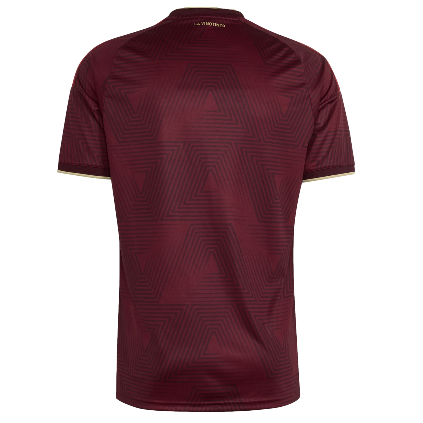 Back view of a burgundy soccer jersey with a tonal geometric triangle pattern. Gold trim on sleeve cuffs and small gold "LA VINOTINTO" text on the back neck.
