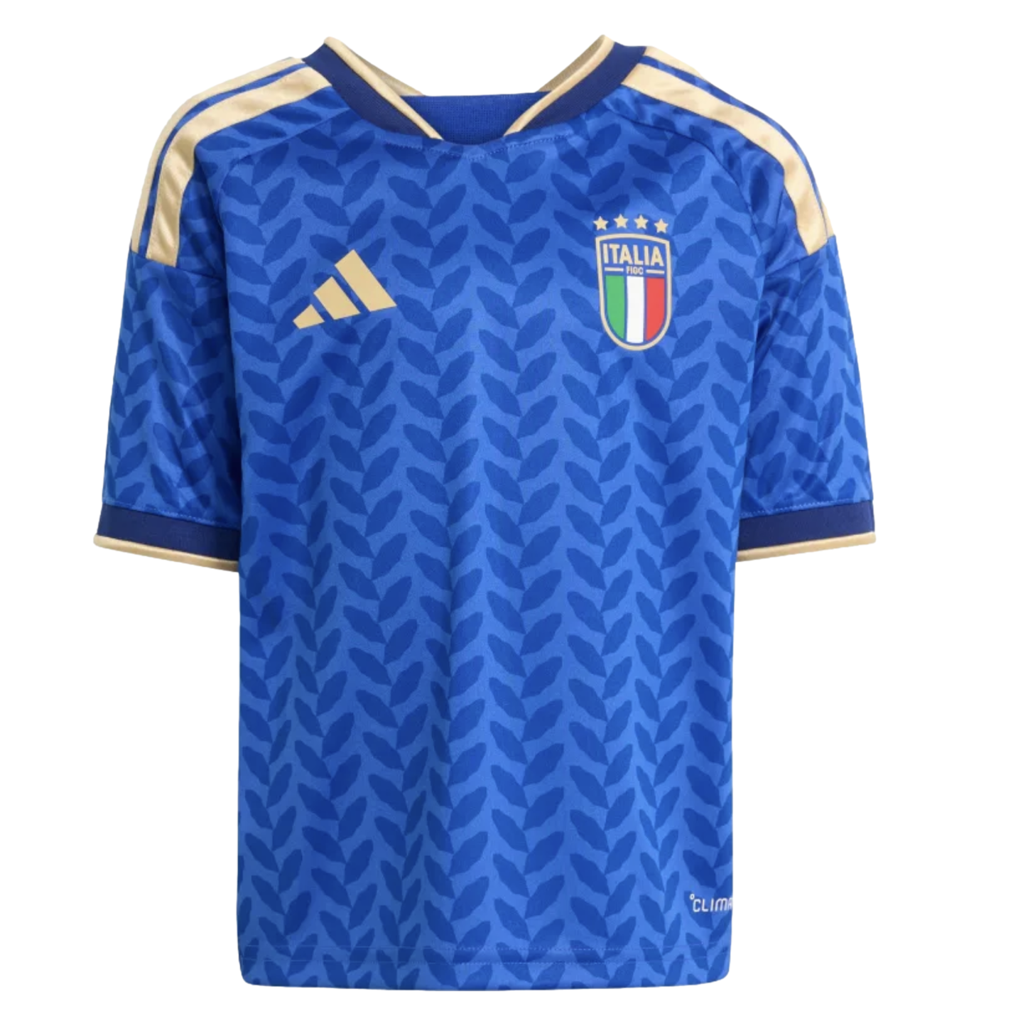 Blue Italy national team soccer jersey by Adidas with a gold crest, shoulder stripes, and an allover geometric leaf pattern.