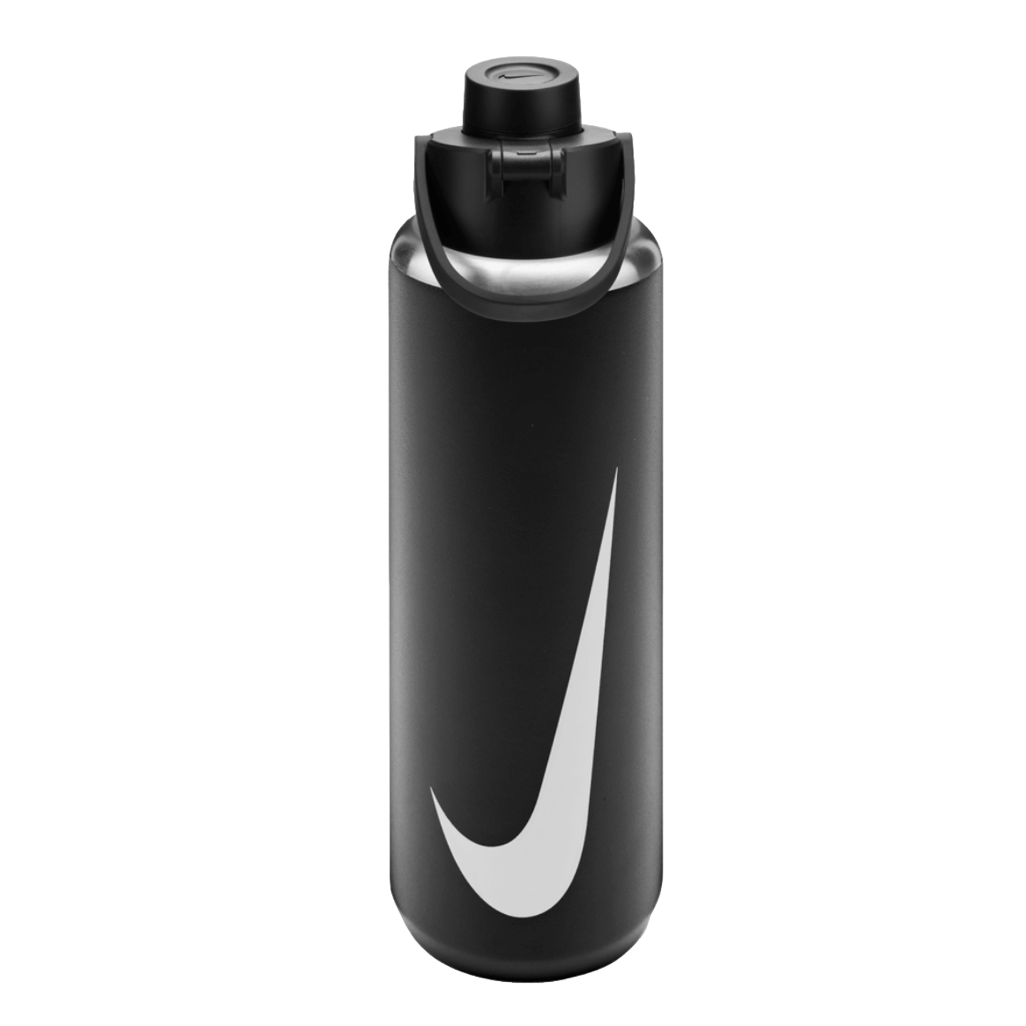 Matte black Nike water bottle featuring a large white swoosh logo and a black screw-on lid with a carry handle.