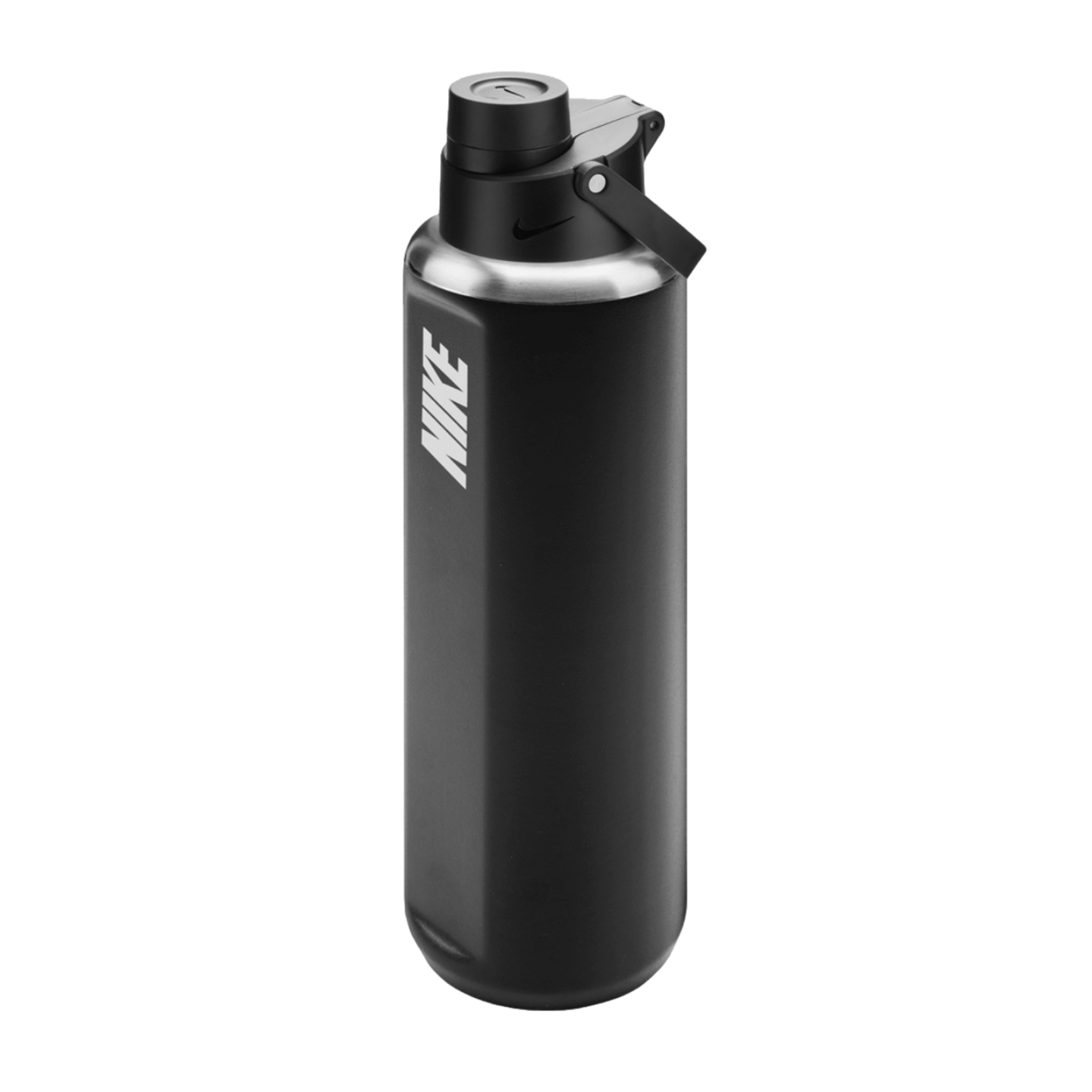 A matte black Nike water bottle with a silver rim and a black screw-top lid featuring a carry handle, set against a solid black background.