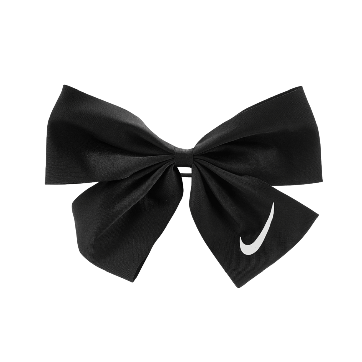 A black ribbon bow featuring a white Nike swoosh logo on the bottom right side, isolated against a solid black background.