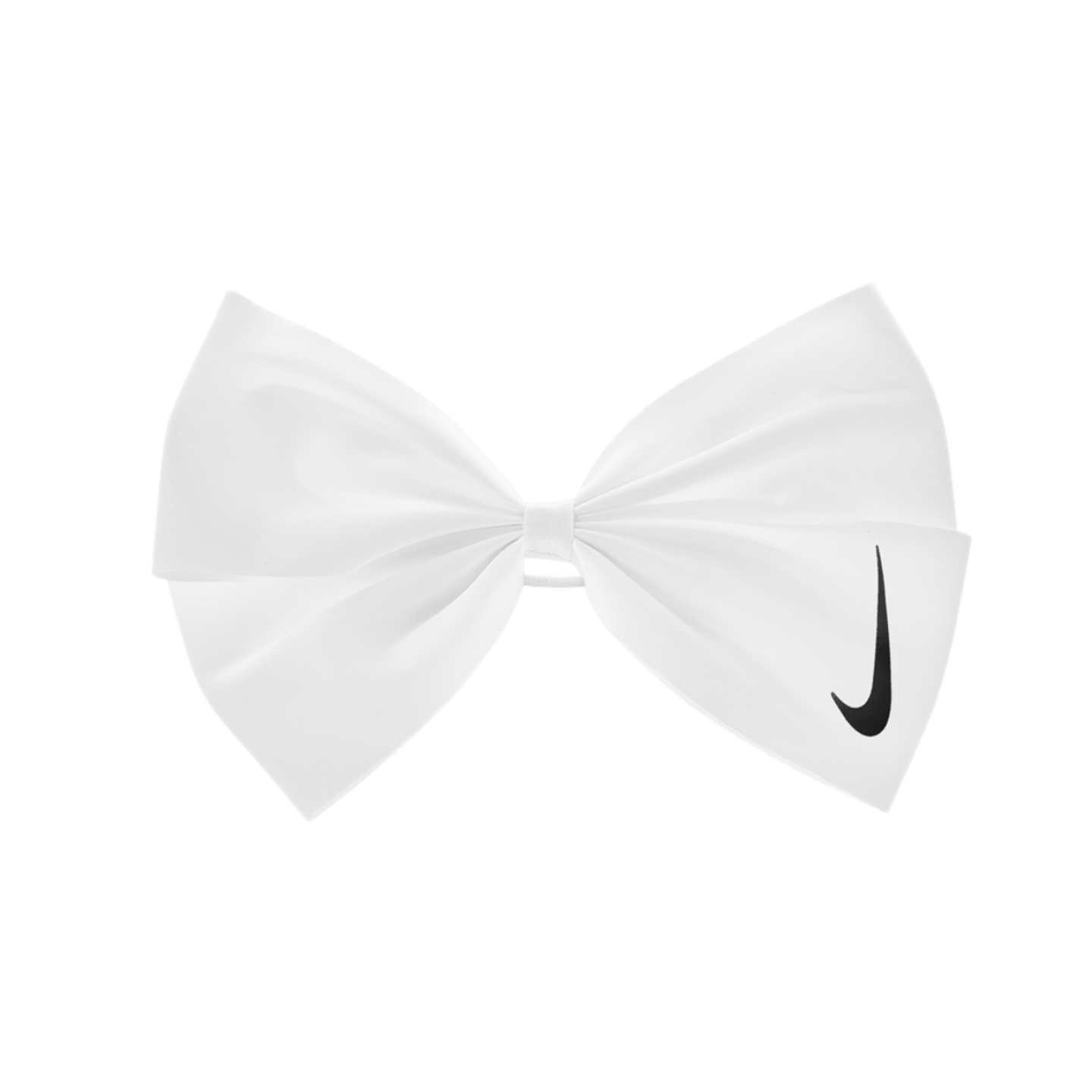 A white fabric bow featuring a black Nike swoosh logo on the right side, set against a black background.