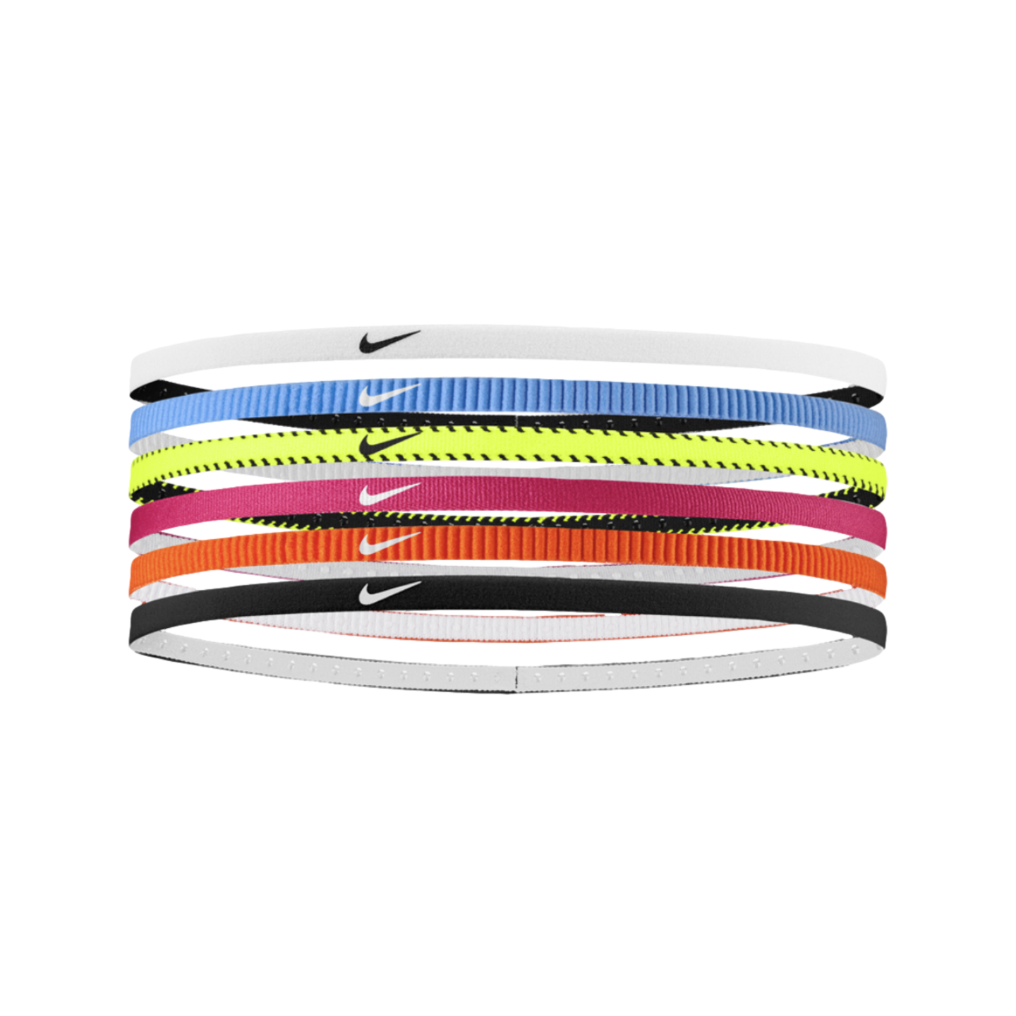 Six thin Nike elastic headbands in various colors (white, blue, lime, pink, orange, black) stacked vertically. Each headband features the iconic swoosh logo.