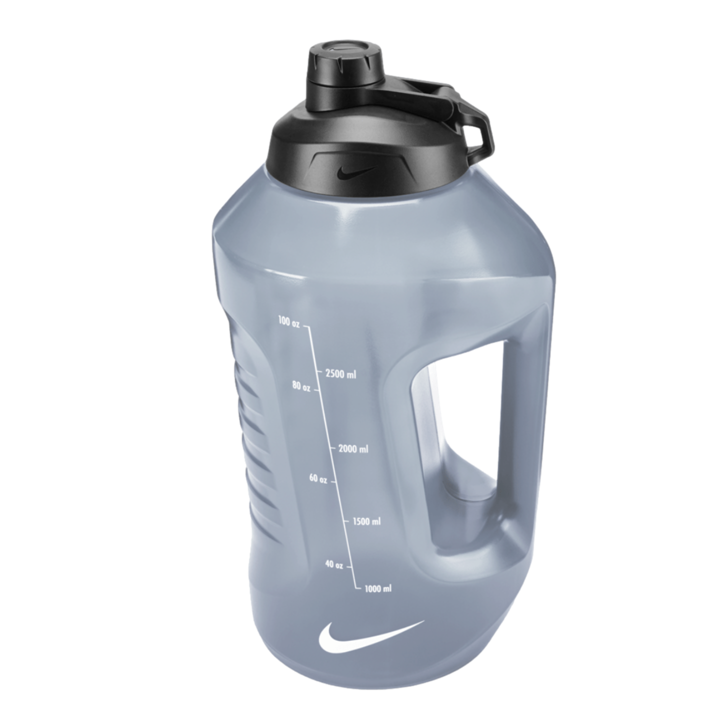A grey semi-transparent Nike water jug with a black lid, integrated handle, and volume markings on the side.