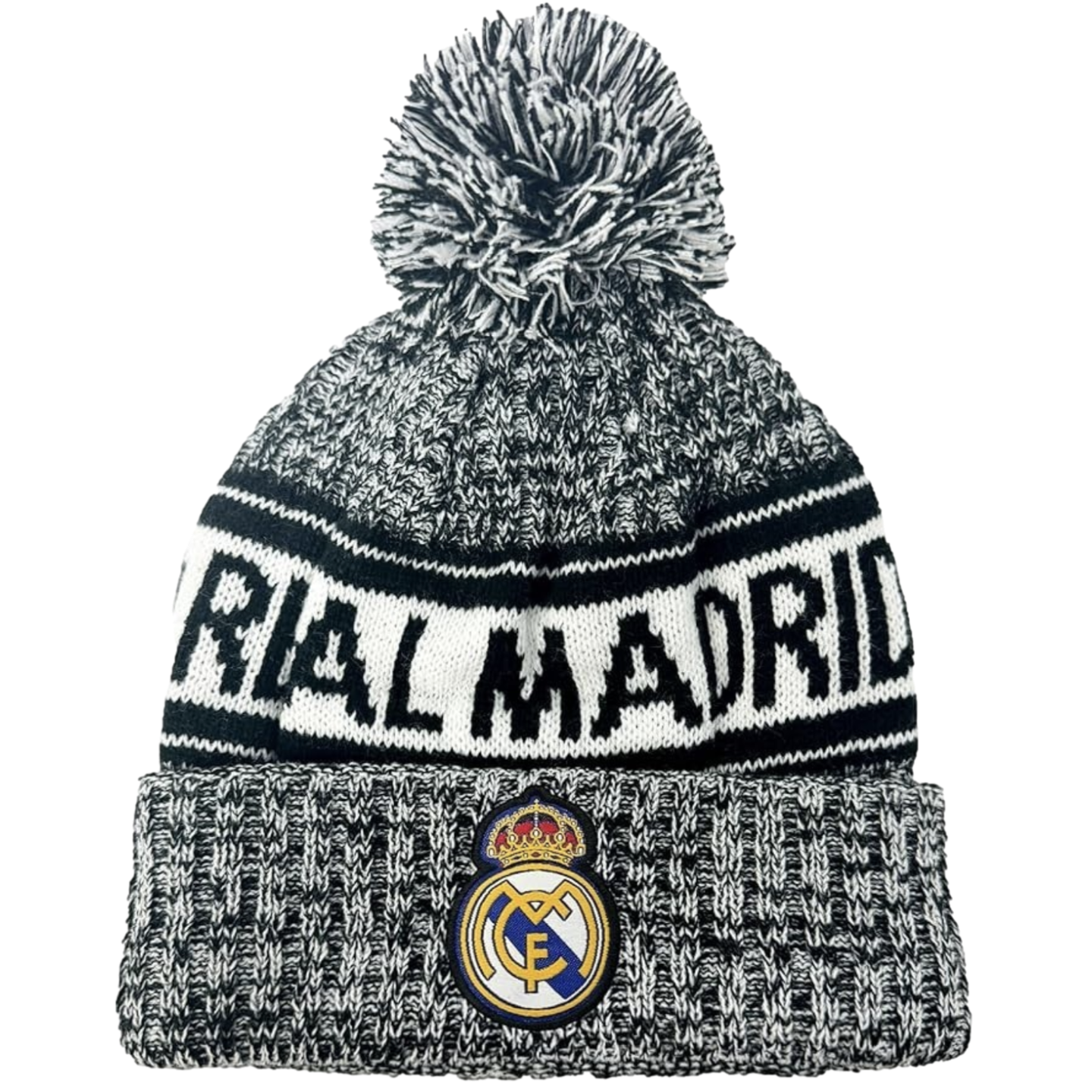 Real Madrid black and white knitted beanie with a pom-pom, featuring the team name across the middle and the club crest on the folded brim.