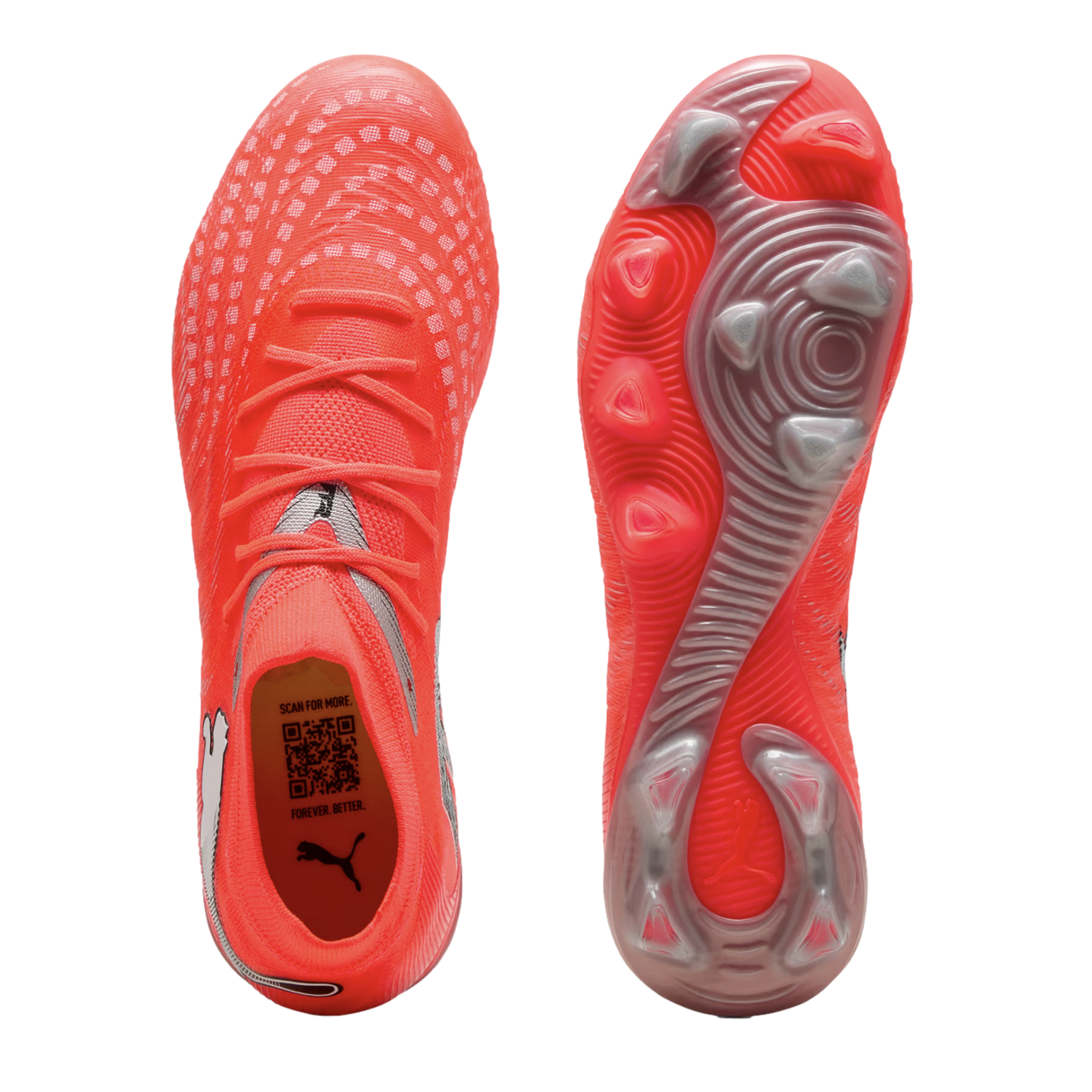 Top and bottom views of a bright orange Puma soccer cleat against a black background, showcasing the textured upper and stud pattern.