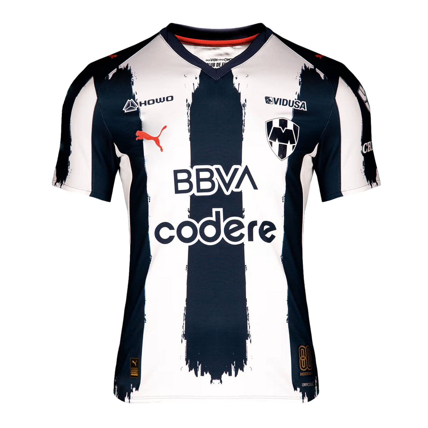 Monterrey home soccer jersey featuring white and navy blue brushstroke stripes, the team crest, a red Puma logo, and sponsors BBVA and Codere.