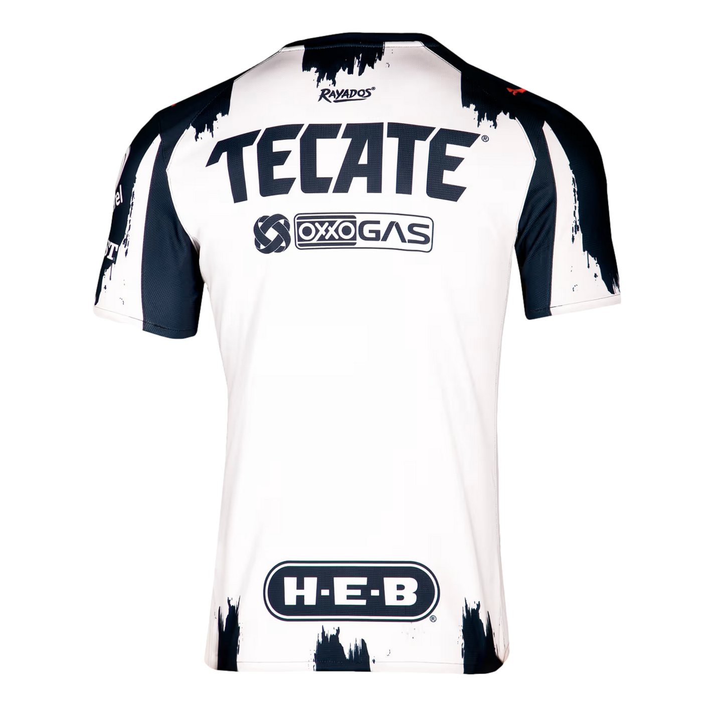 Back view of a white and navy Rayados soccer jersey with Tecate, Oxxo Gas, and H-E-B logos and a brushstroke pattern along the edges.