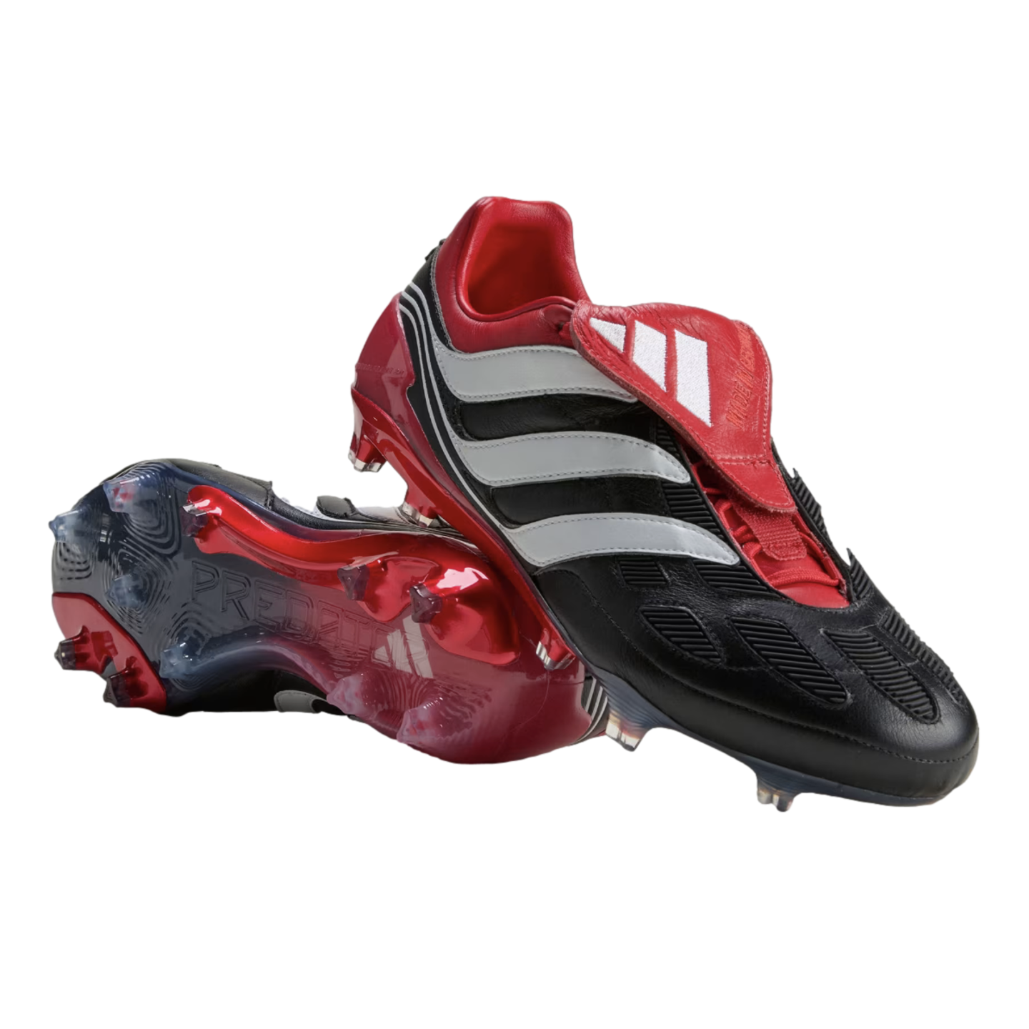 Black, red, and silver Adidas Predator soccer cleats. One shoe stands upright; the other lies on its side, showing the red soleplate and silver studs.