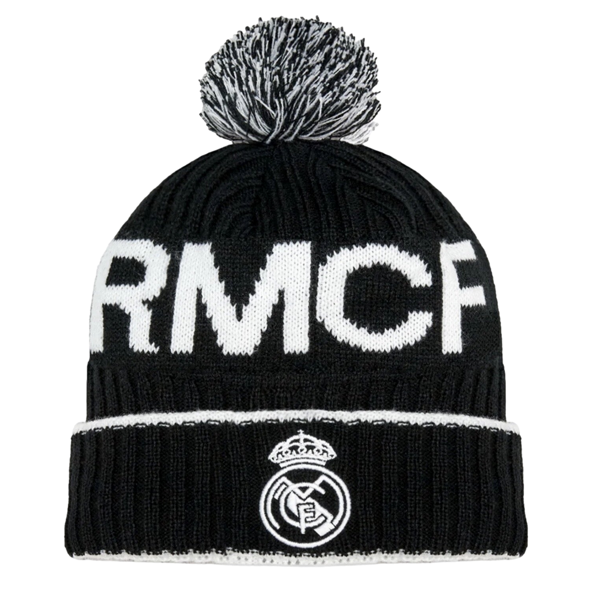 A black knit beanie featuring 'RMCF' in large white letters and the Real Madrid club crest on the folded cuff, topped with a black and white pom-pom.