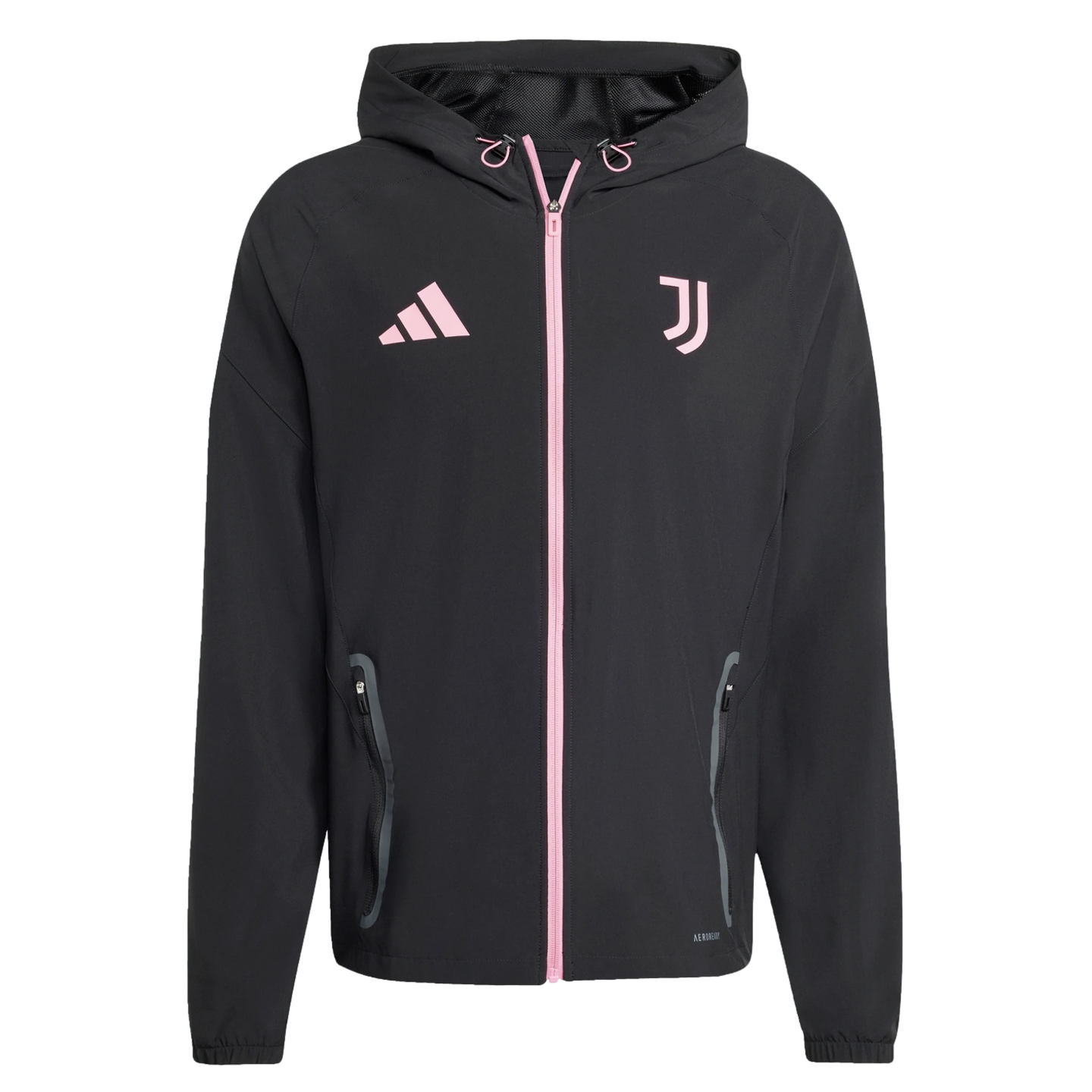 A black Adidas Juventus hooded jacket with pink accents on the zipper and logos. Features side zip pockets and a drawstring hood.