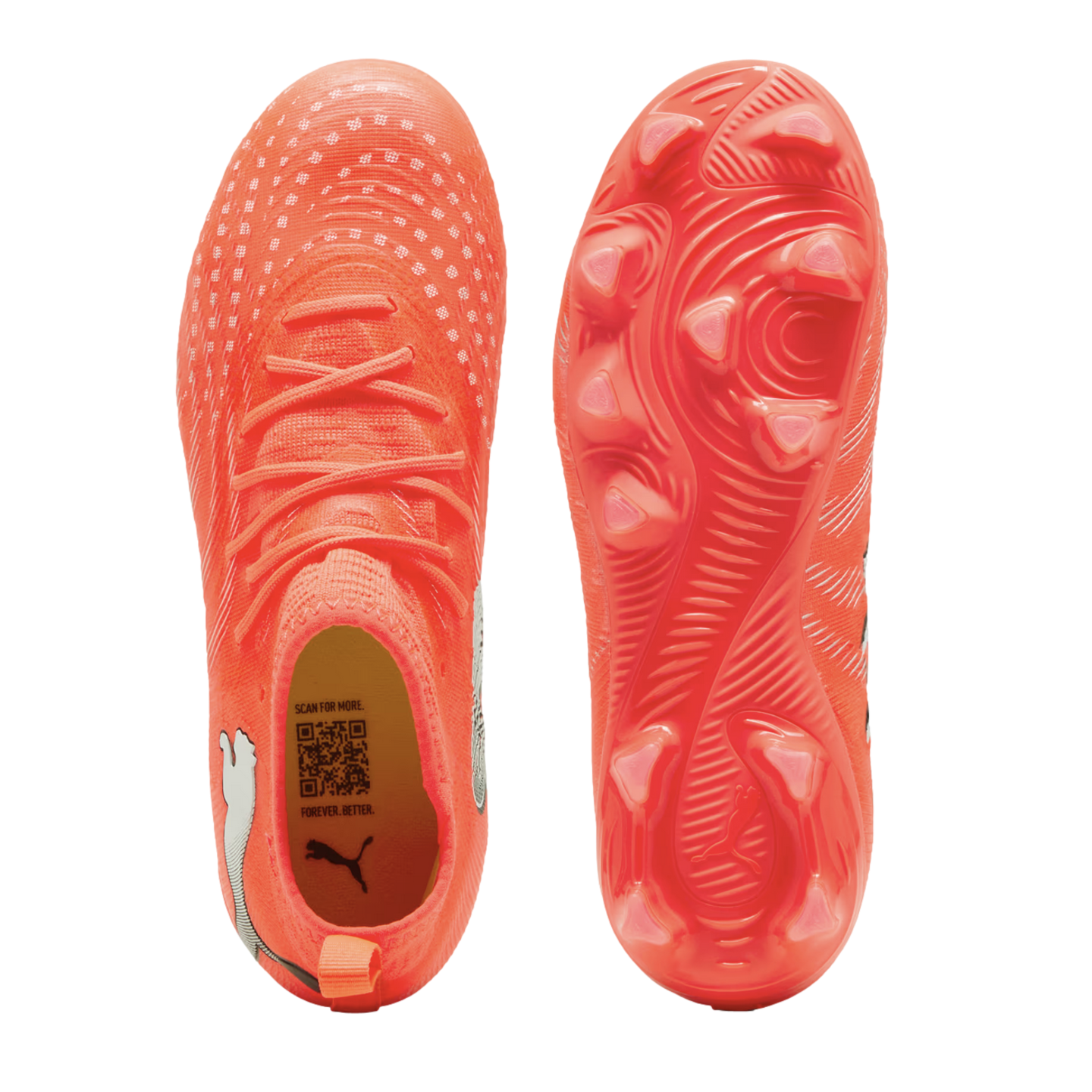 Top and bottom views of a bright orange Puma soccer cleat. Features include a textured upper with white dots, matching laces, and a studded outsole with a swirling pattern.