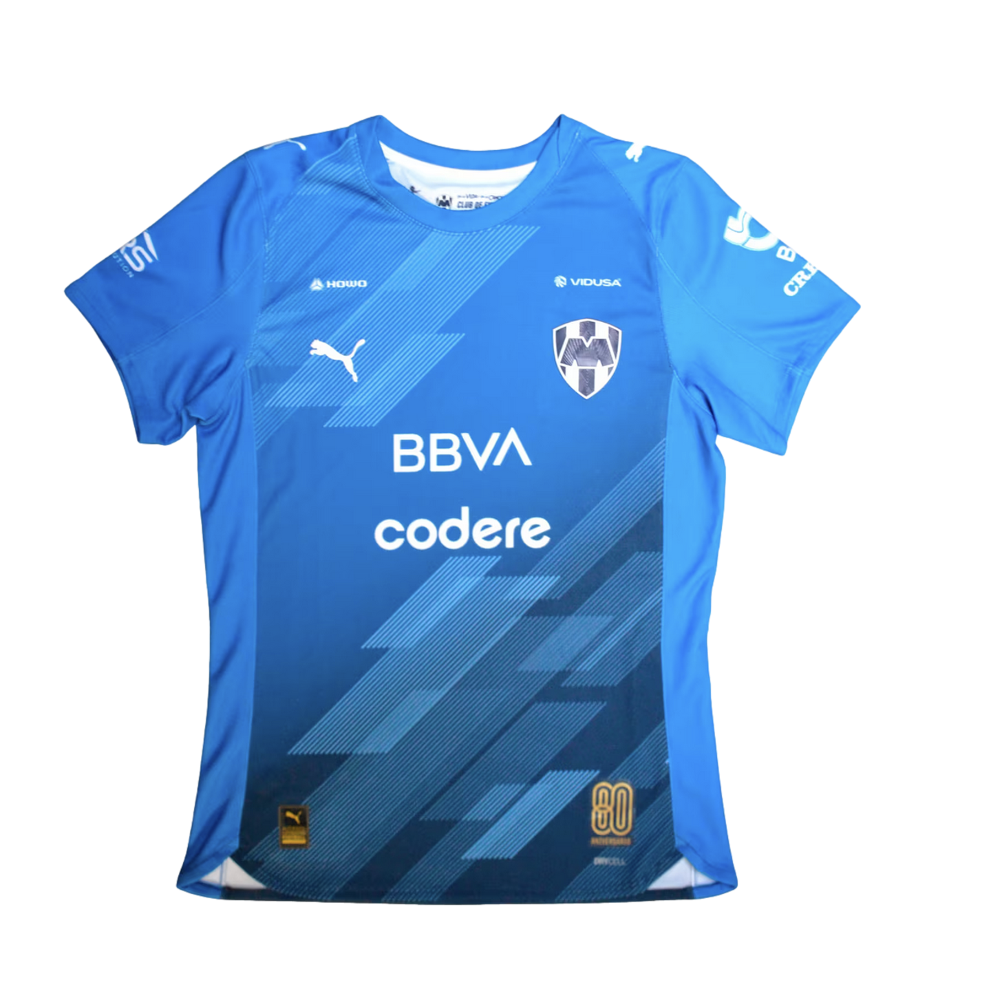 Blue C.F. Monterrey soccer jersey with diagonal line patterns, white sponsor logos for BBVA and Codere, and a gold 80th-anniversary badge.