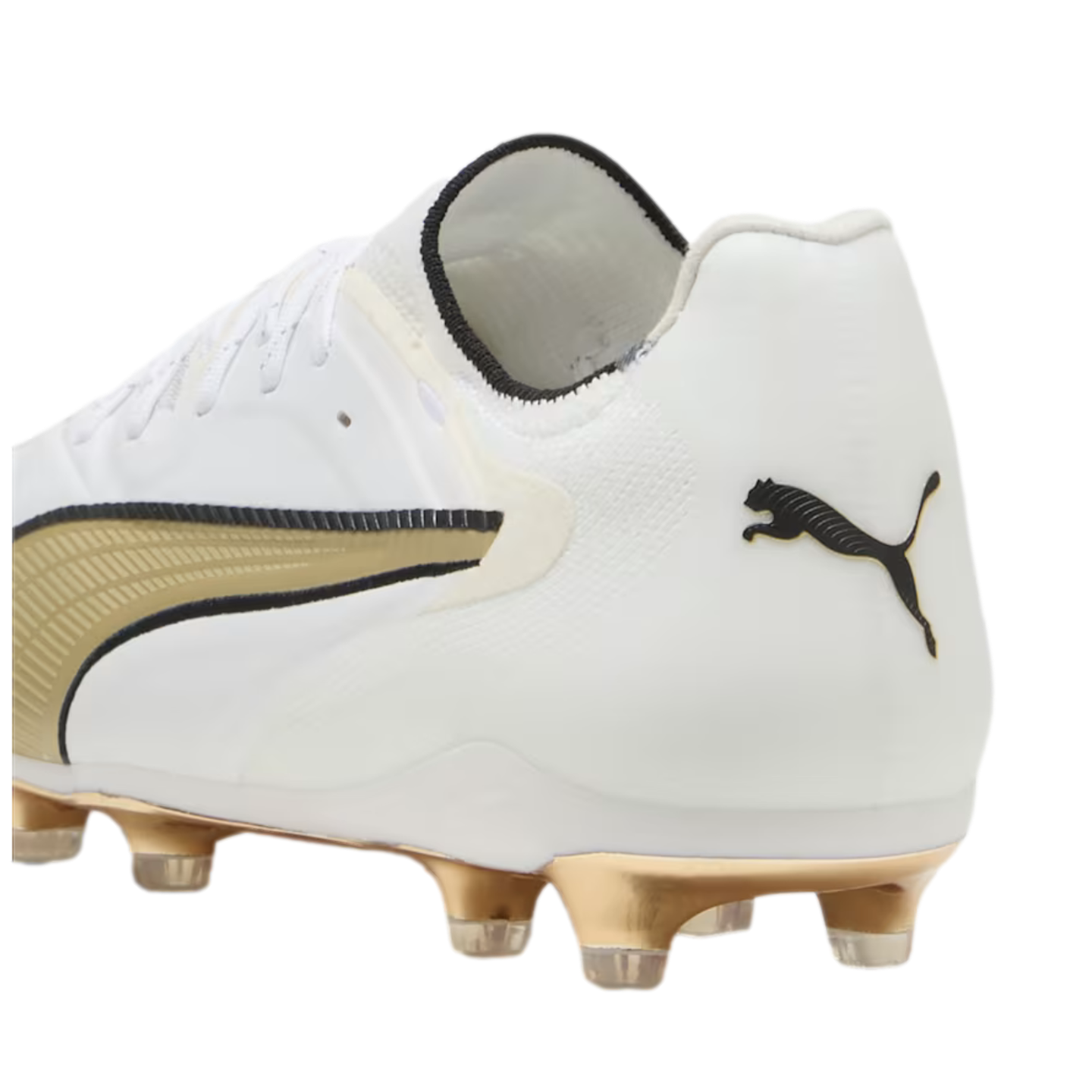 A white Puma soccer cleat featuring a metallic gold soleplate with clear studs, a black leaping cat logo on the heel, and gold and black accents on the side.