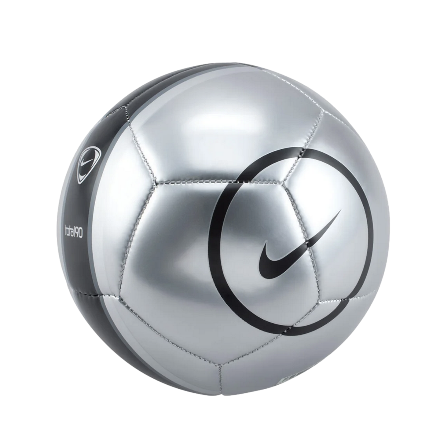 A metallic silver Nike Total 90 soccer ball featuring black accents and a large Nike swoosh logo, isolated on a black background.