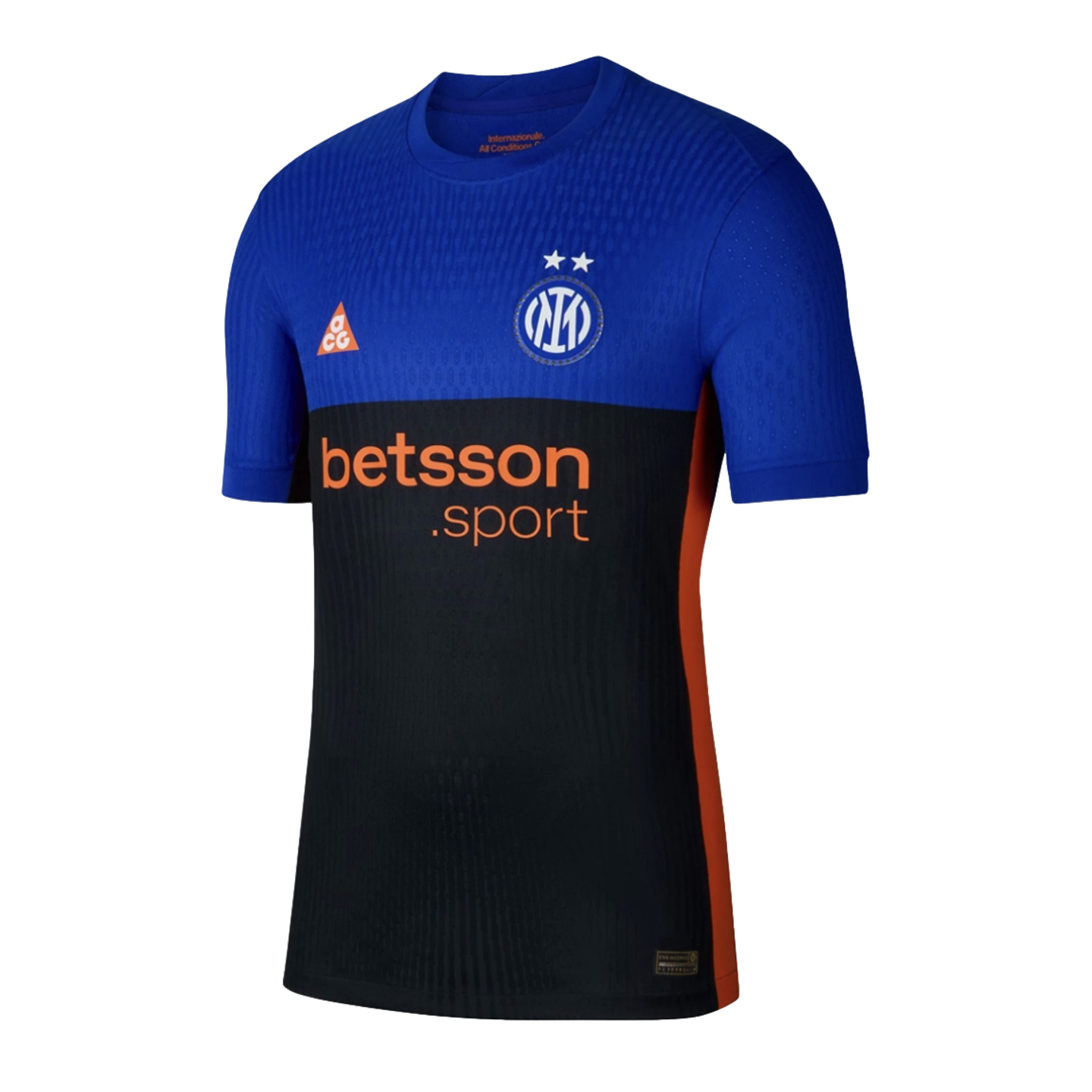 Short-sleeved Inter Milan jersey featuring a blue top, black bottom, orange side stripe, and orange "betsson .sport" sponsor logo.