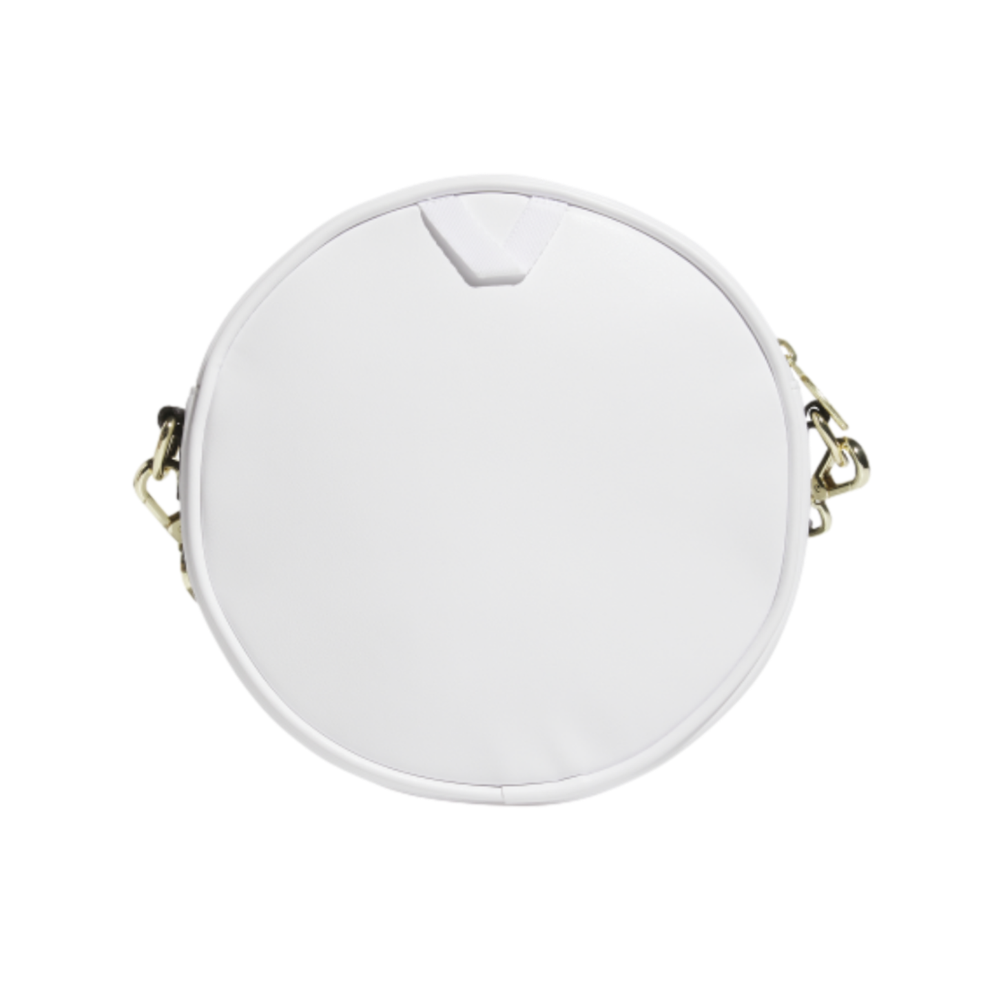 A round white bag with gold chain strap attachments and a small loop at the top, shown against a solid black background.