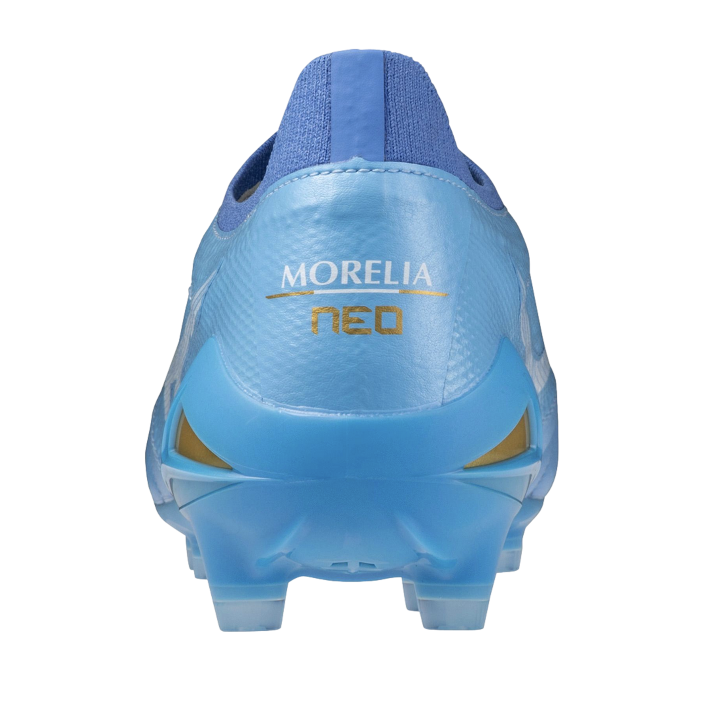 A back view of a light blue soccer cleat with gold "MORELIA NEO" lettering on the heel.