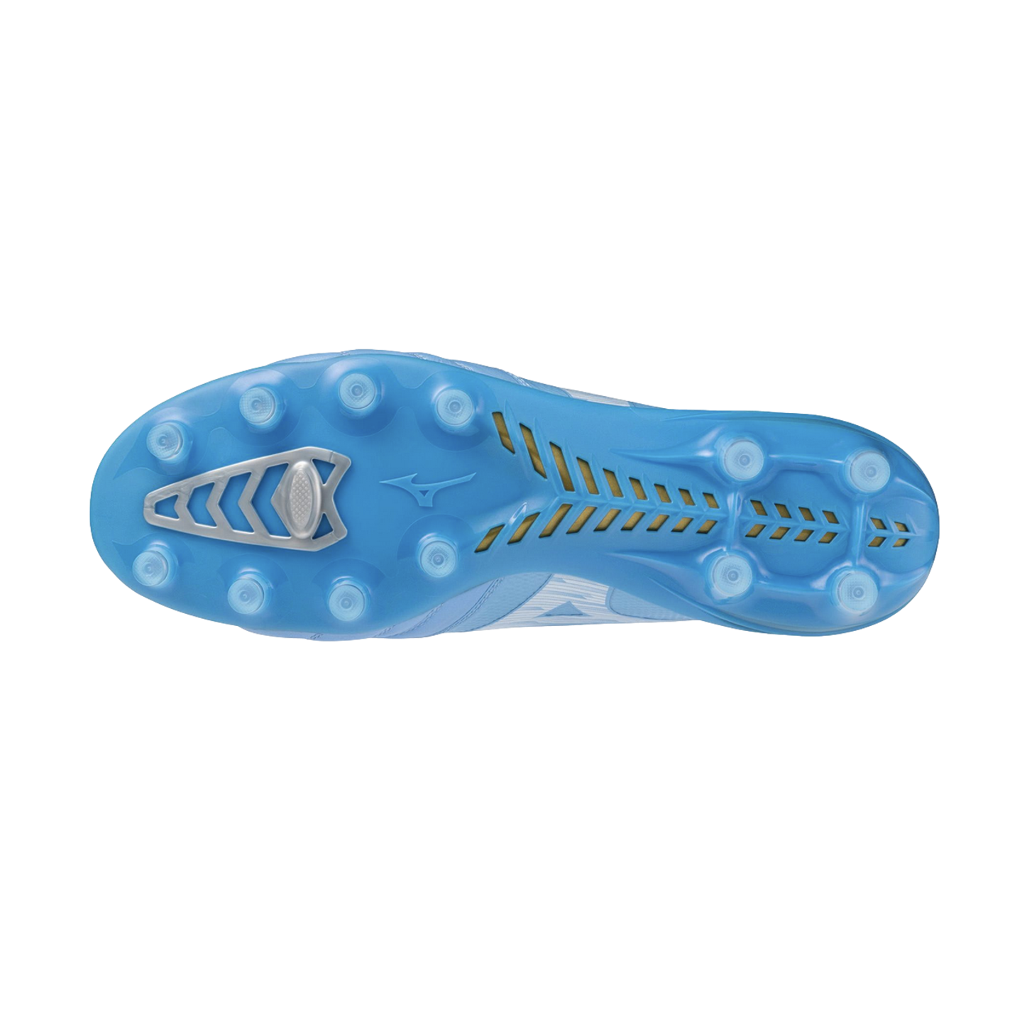 Bottom soleplate of a light blue soccer cleat with circular studs and silver and gold structural accents.
