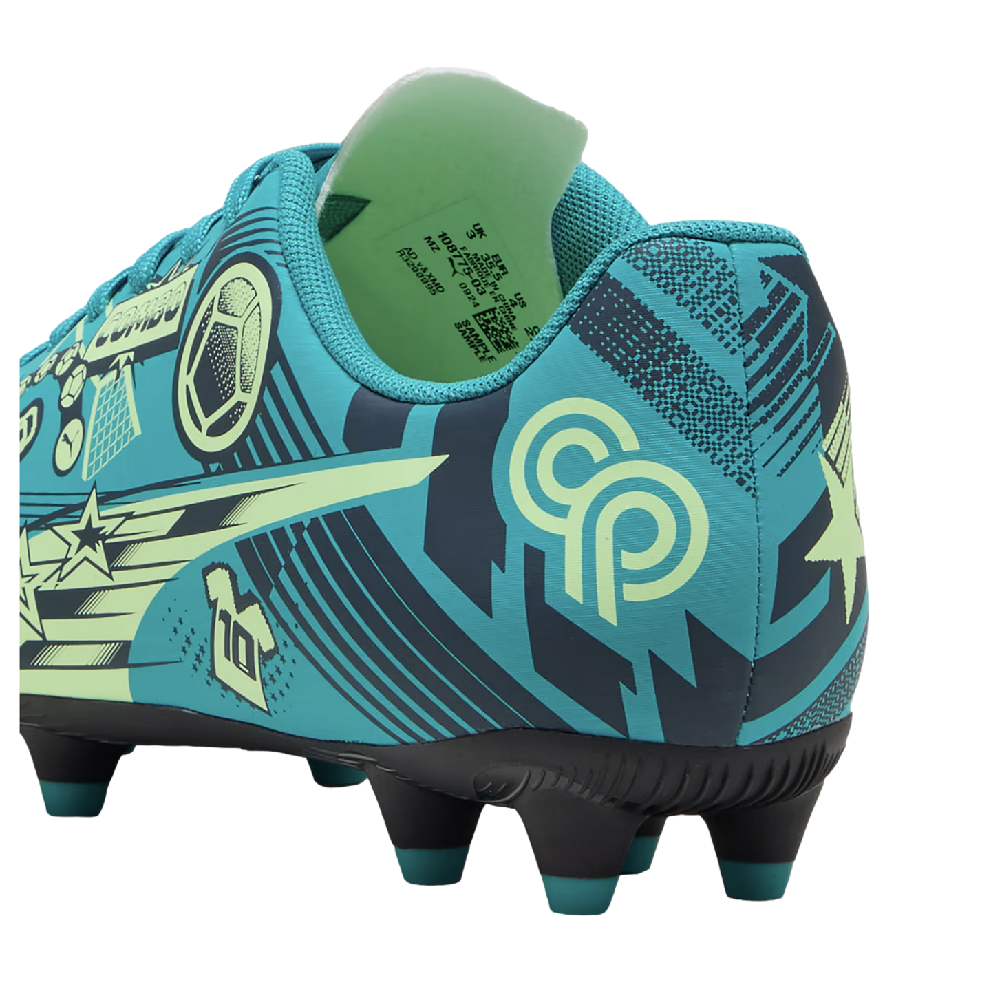 Teal and navy blue soccer cleat with graphic prints, stars, and a "CP" logo, shown from a rear-side perspective.