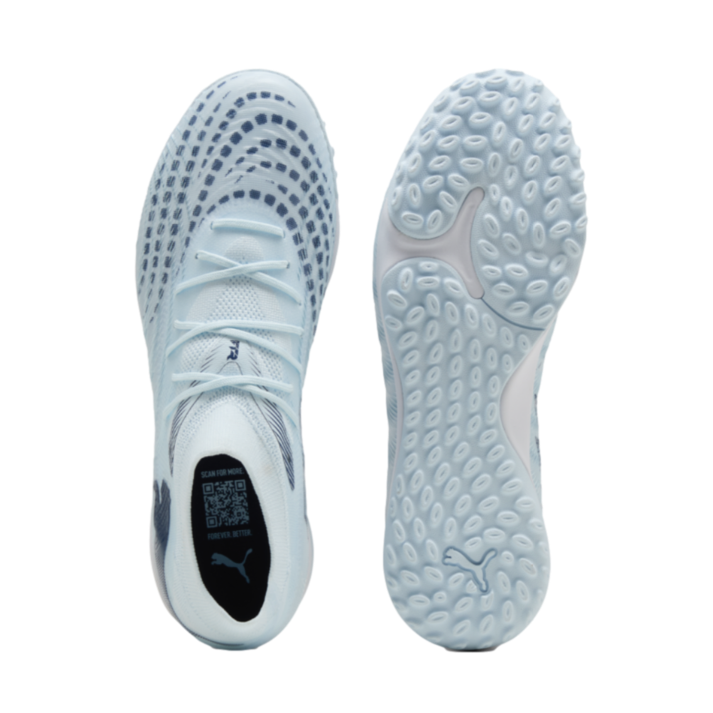 Top and bottom views of a light blue Puma soccer shoe. The top shows a patterned upper and laces, and the bottom features a textured sole with the brand logo.