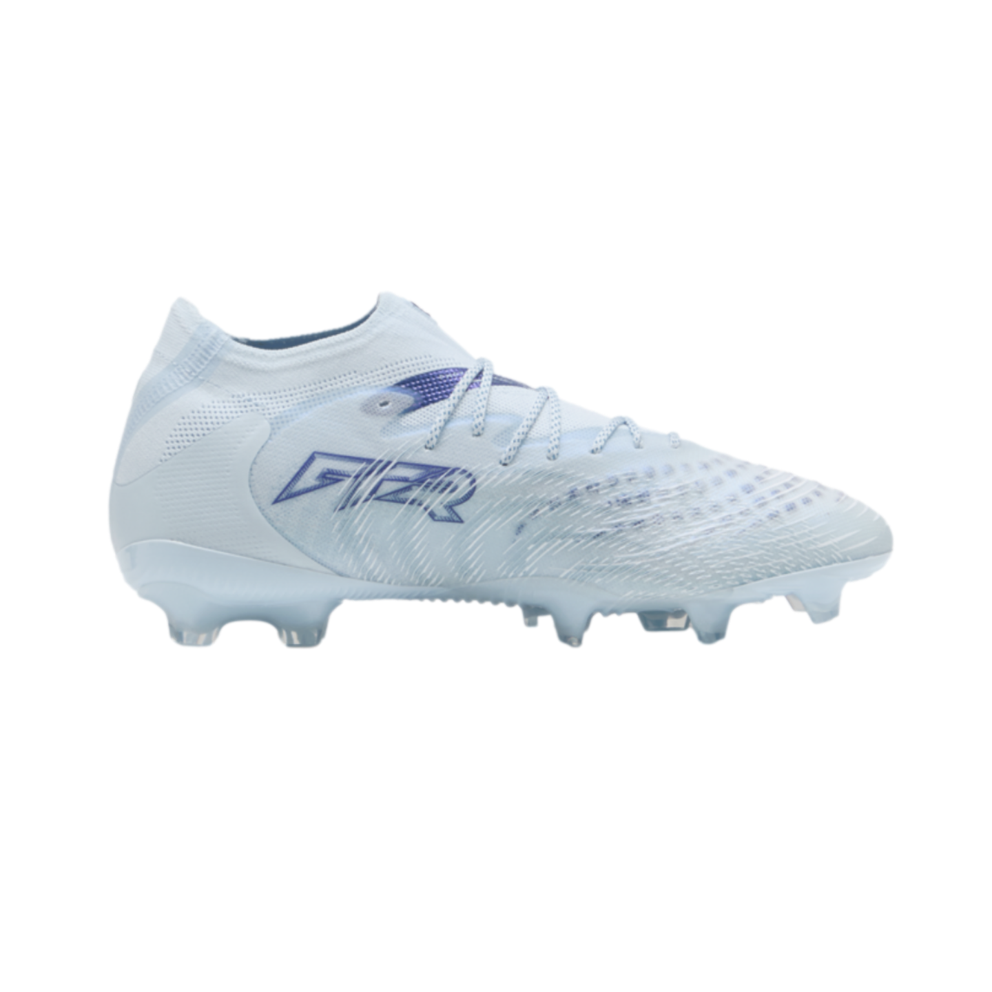 A profile view of a light blue and white soccer cleat with purple accents and a translucent studded sole, isolated on a black background.